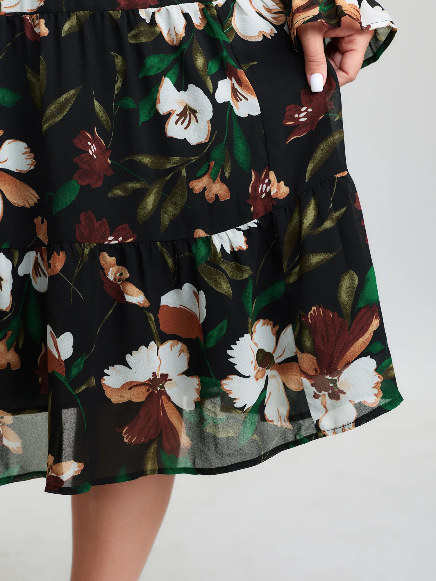 Tropical Floral Print Ruffled Neckline Midi Dress - Image 5