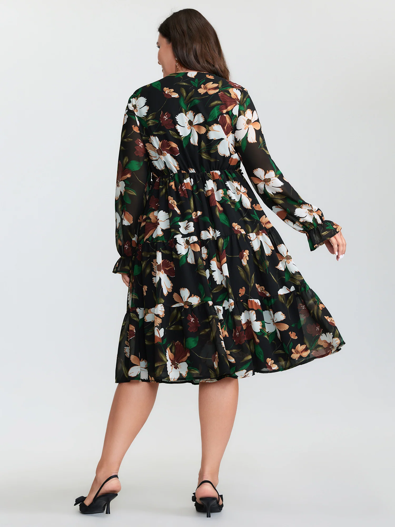 Tropical Floral Print Ruffled Neckline Midi Dress - Image 6