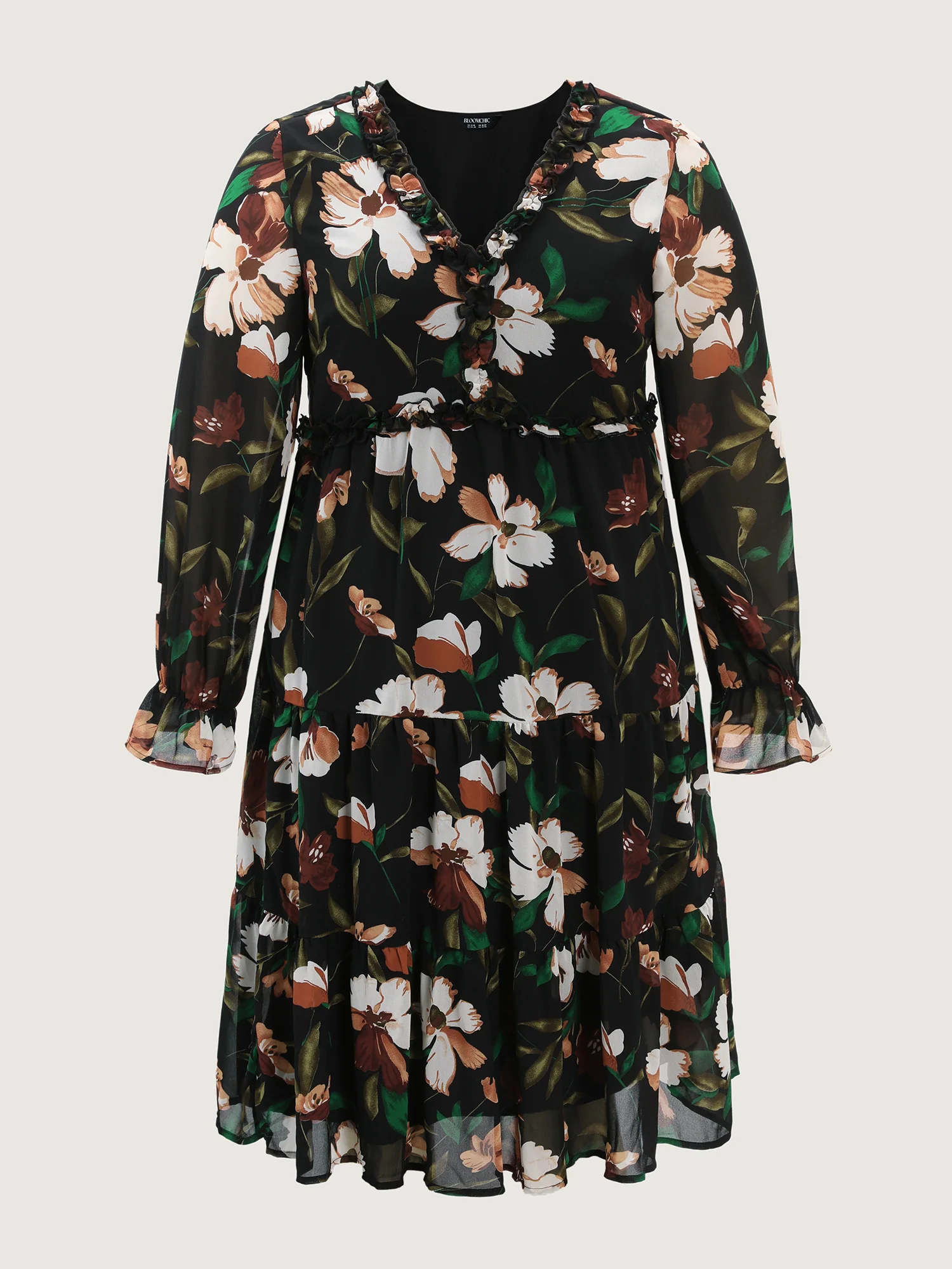 Tropical Floral Print Ruffled Neckline Midi Dress - Image 9