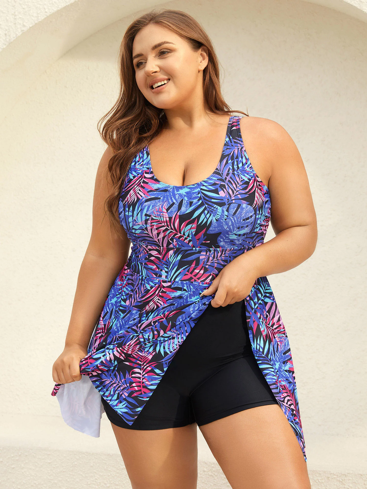 Tropical Floral Print Split Swim Dress - Image 4