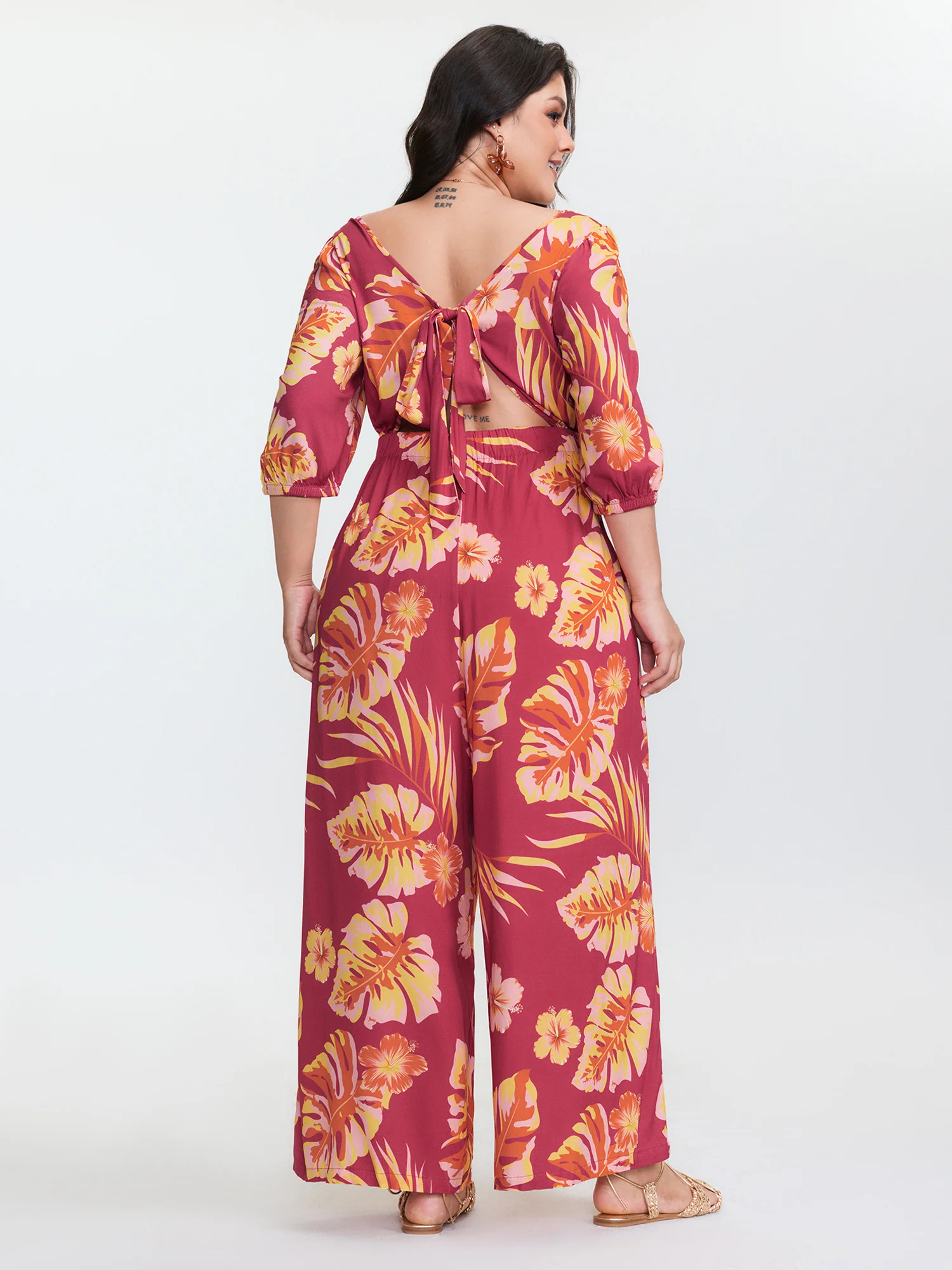 Tropical Floral Print Square Neckline Jumpsuit