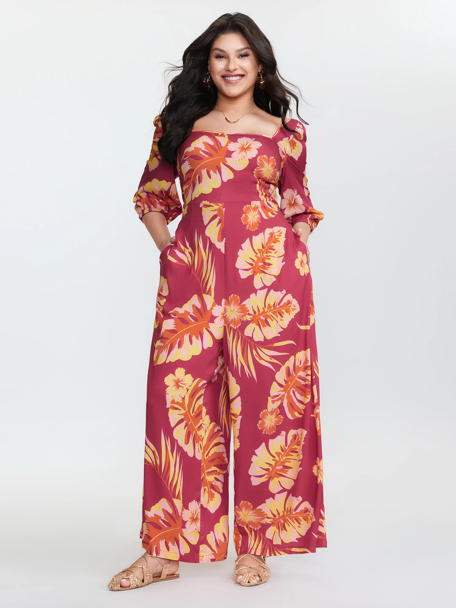 Tropical Floral Print Square Neckline Jumpsuit - Image 2