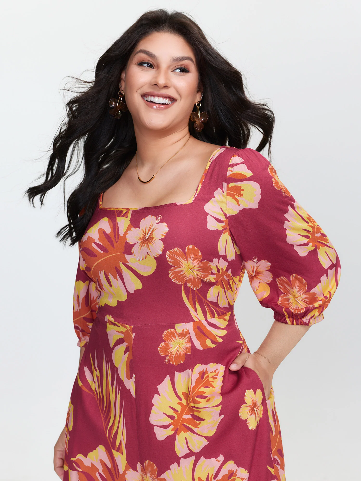 Tropical Floral Print Square Neckline Jumpsuit - Image 3
