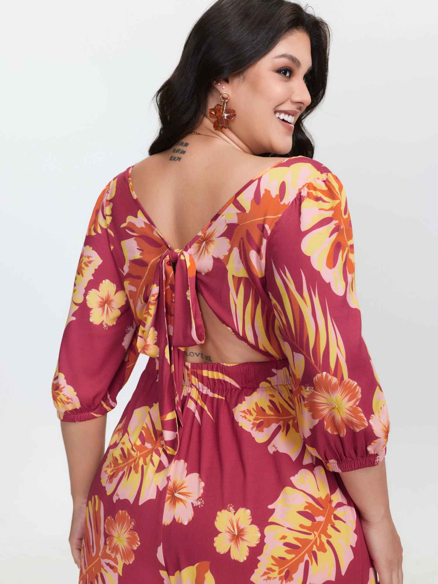 Tropical Floral Print Square Neckline Jumpsuit - Image 4