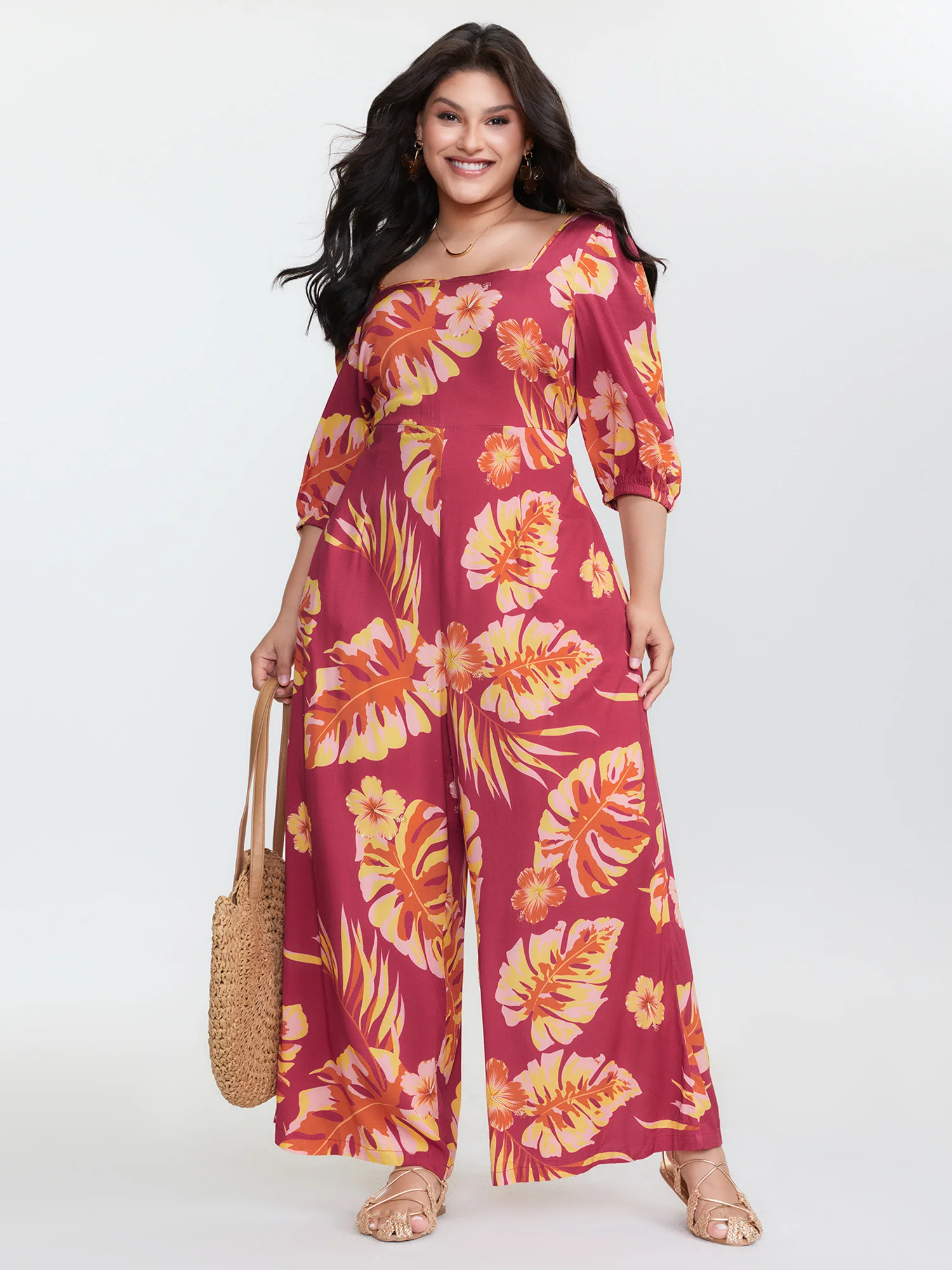 Tropical Floral Print Square Neckline Jumpsuit - Image 5