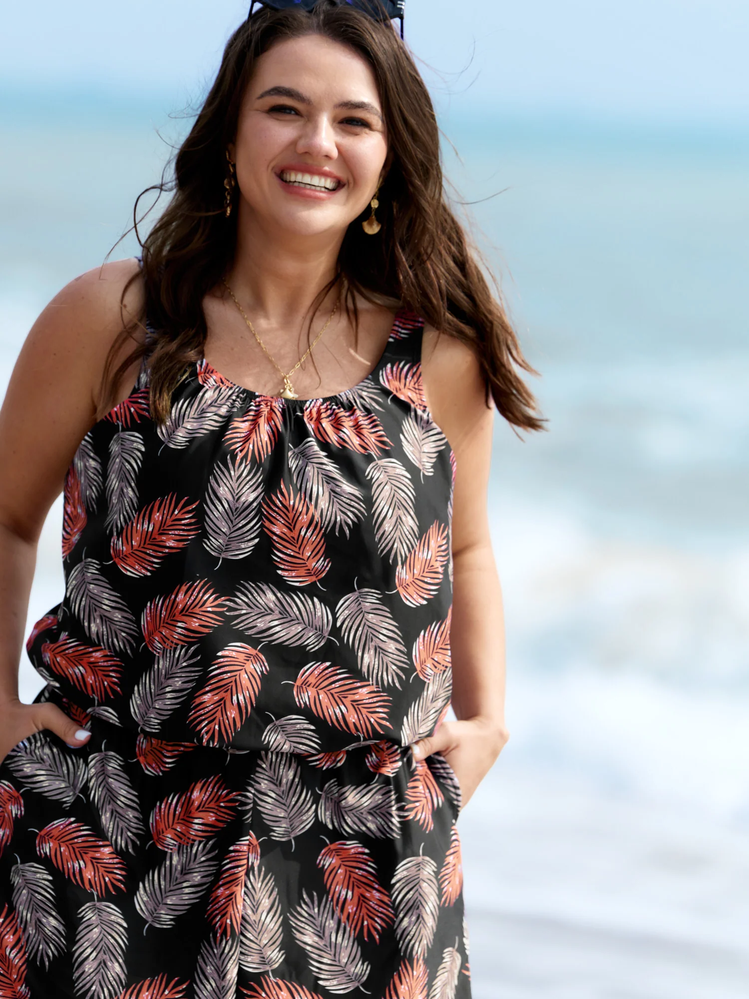 Tropical Flower Print Pockets One-Piece Swimsuit - Image 101