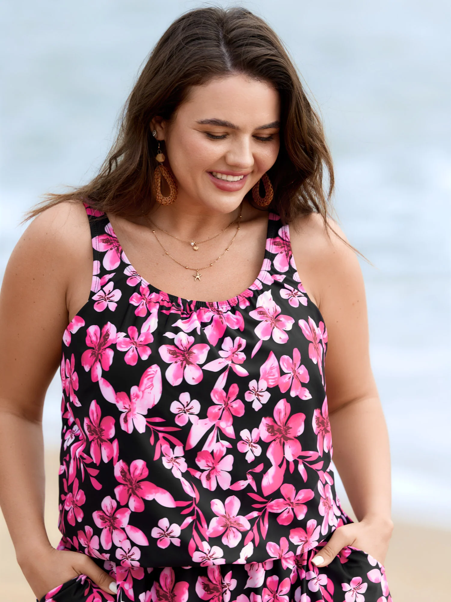 Tropical Flower Print Pockets One-Piece Swimsuit - Image 20