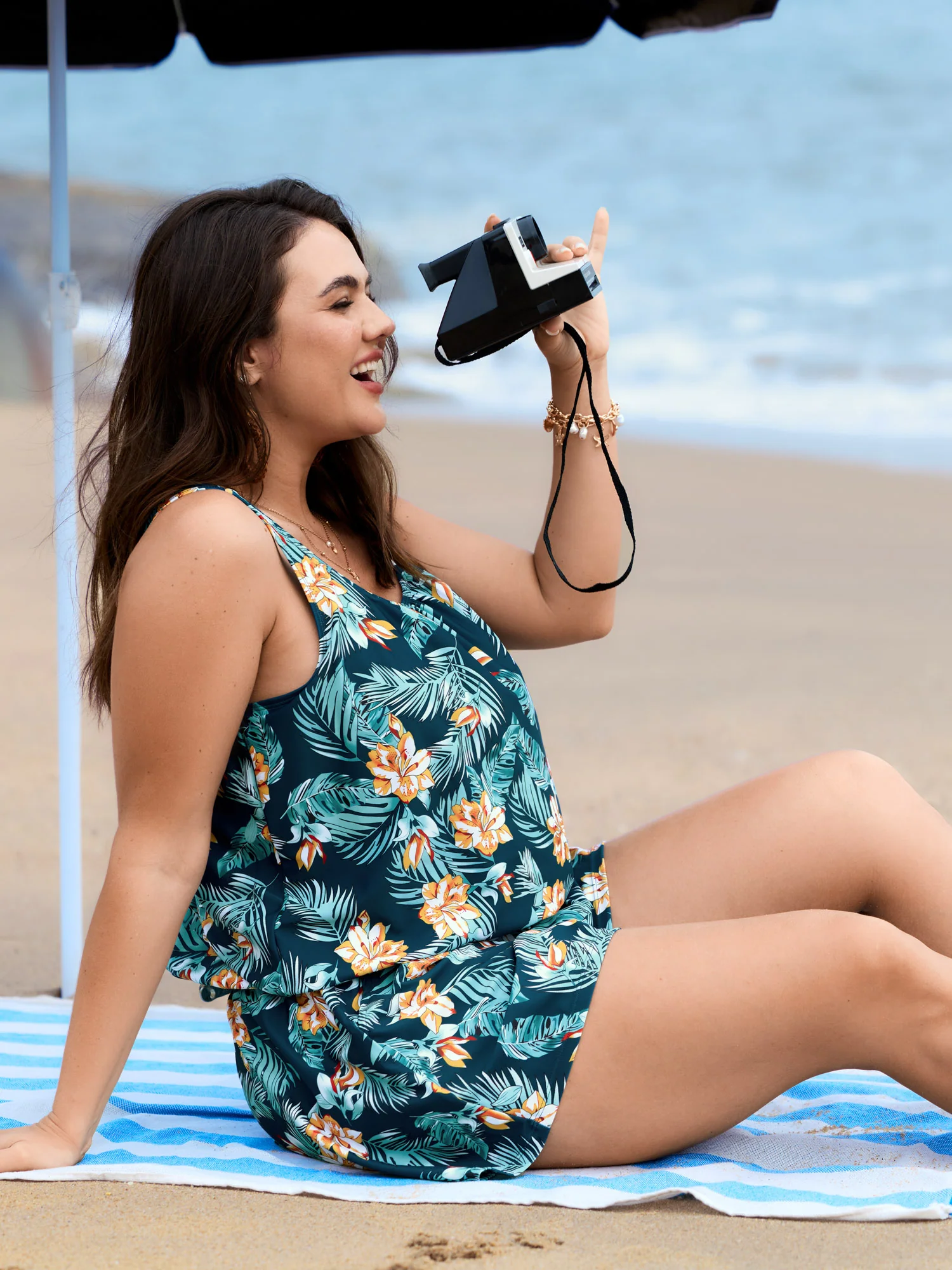 Tropical Flower Print Pockets One-Piece Swimsuit - Image 38