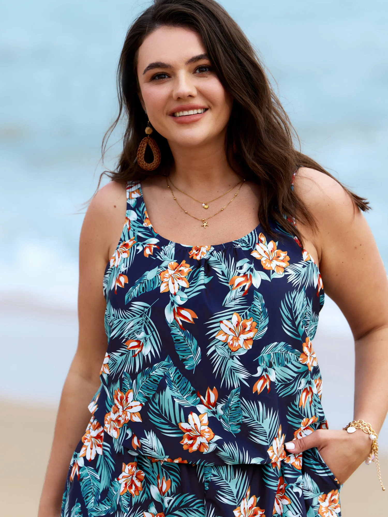 Tropical Flower Print Pockets One-Piece Swimsuit - Image 55