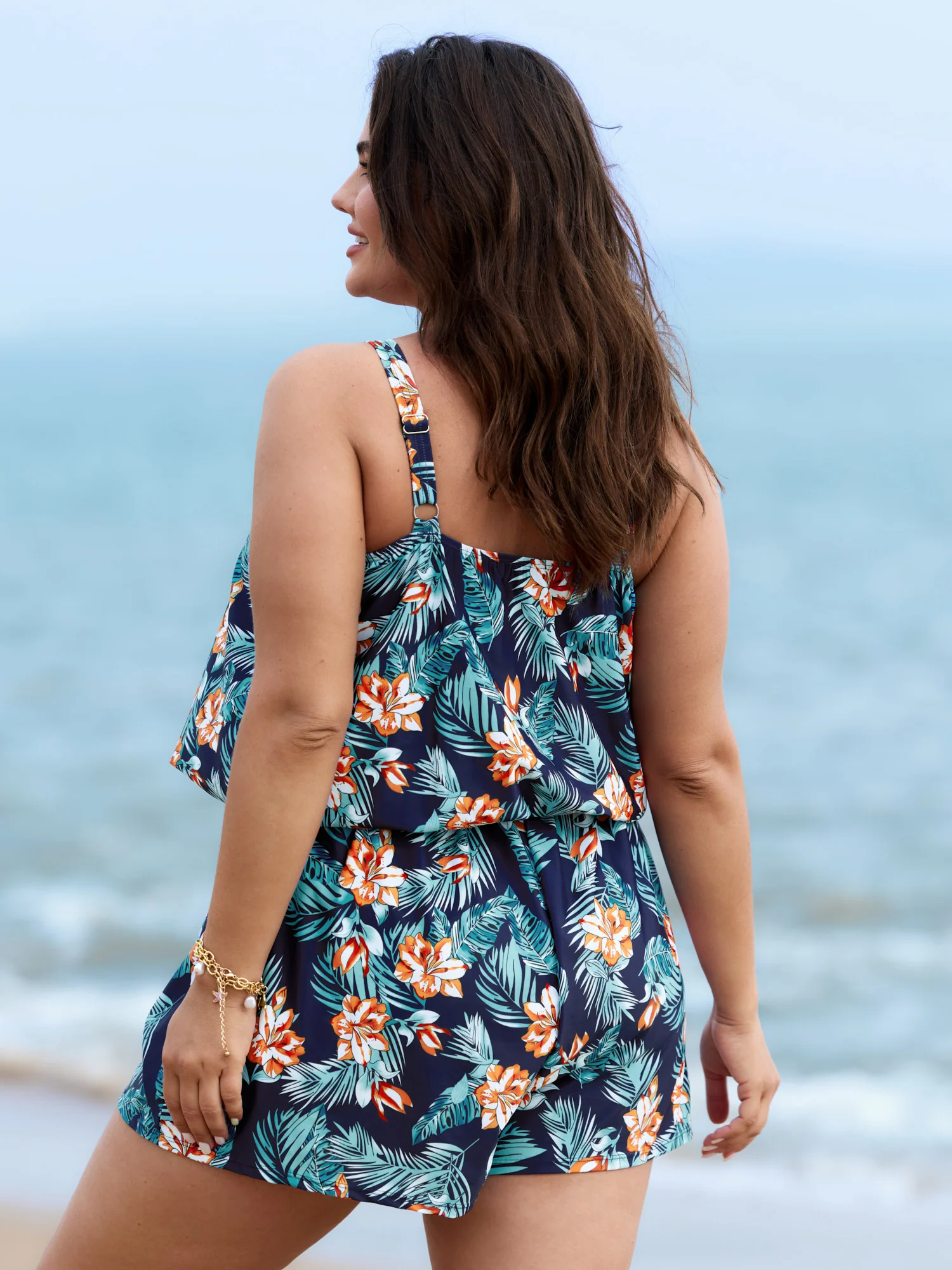 Tropical Flower Print Pockets One-Piece Swimsuit - Image 59