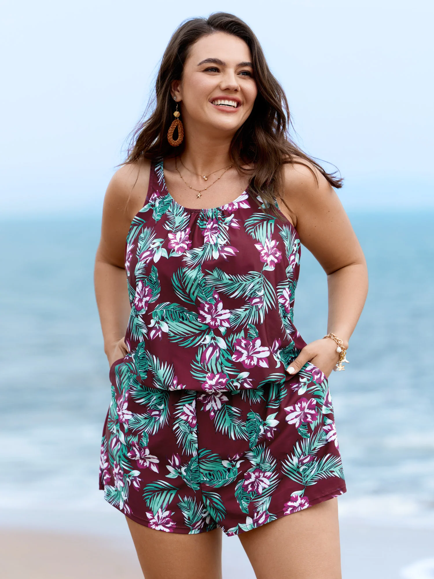 Tropical Flower Print Pockets One-Piece Swimsuit - Image 81