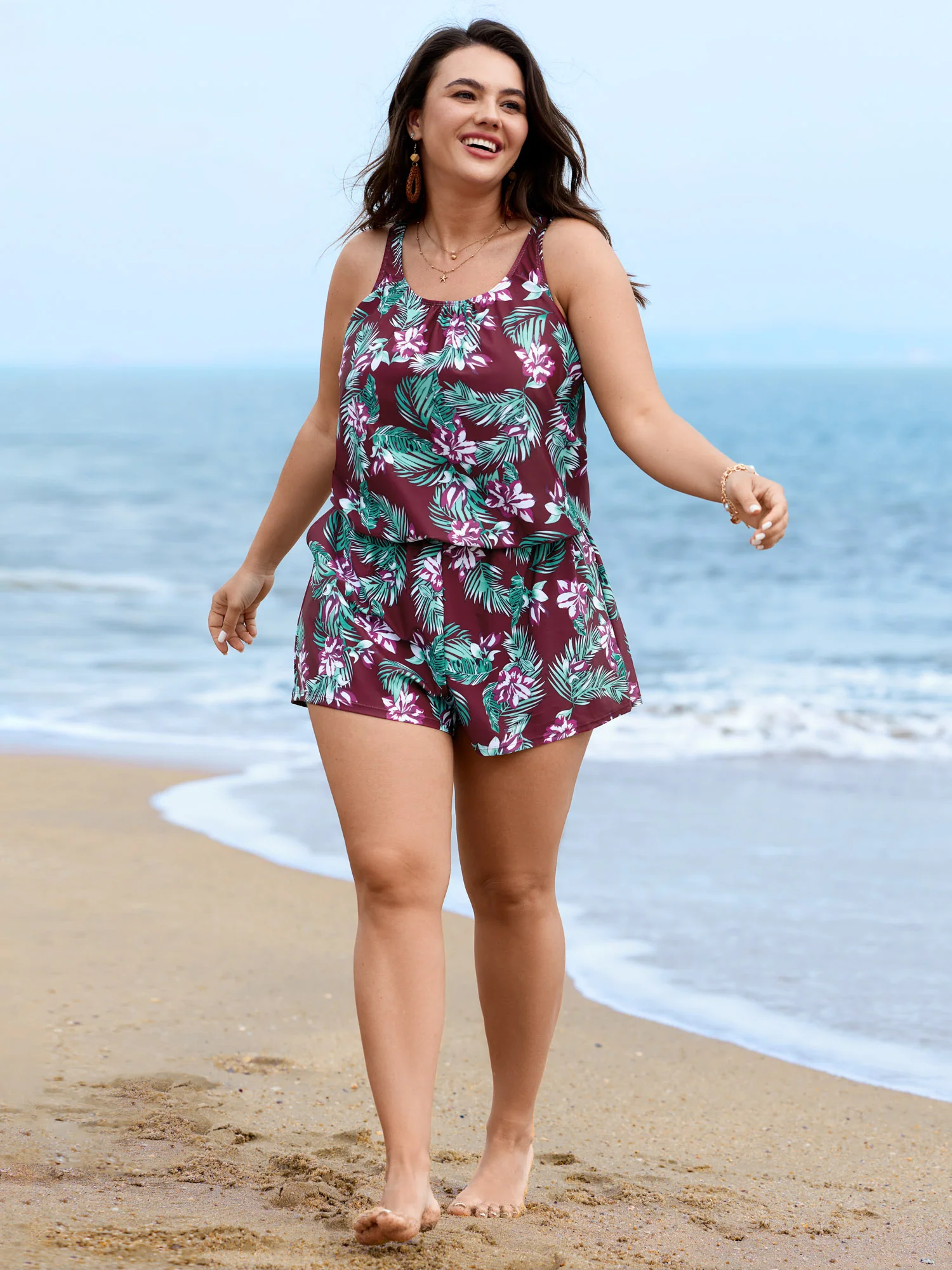 Tropical Flower Print Pockets One-Piece Swimsuit - Image 83