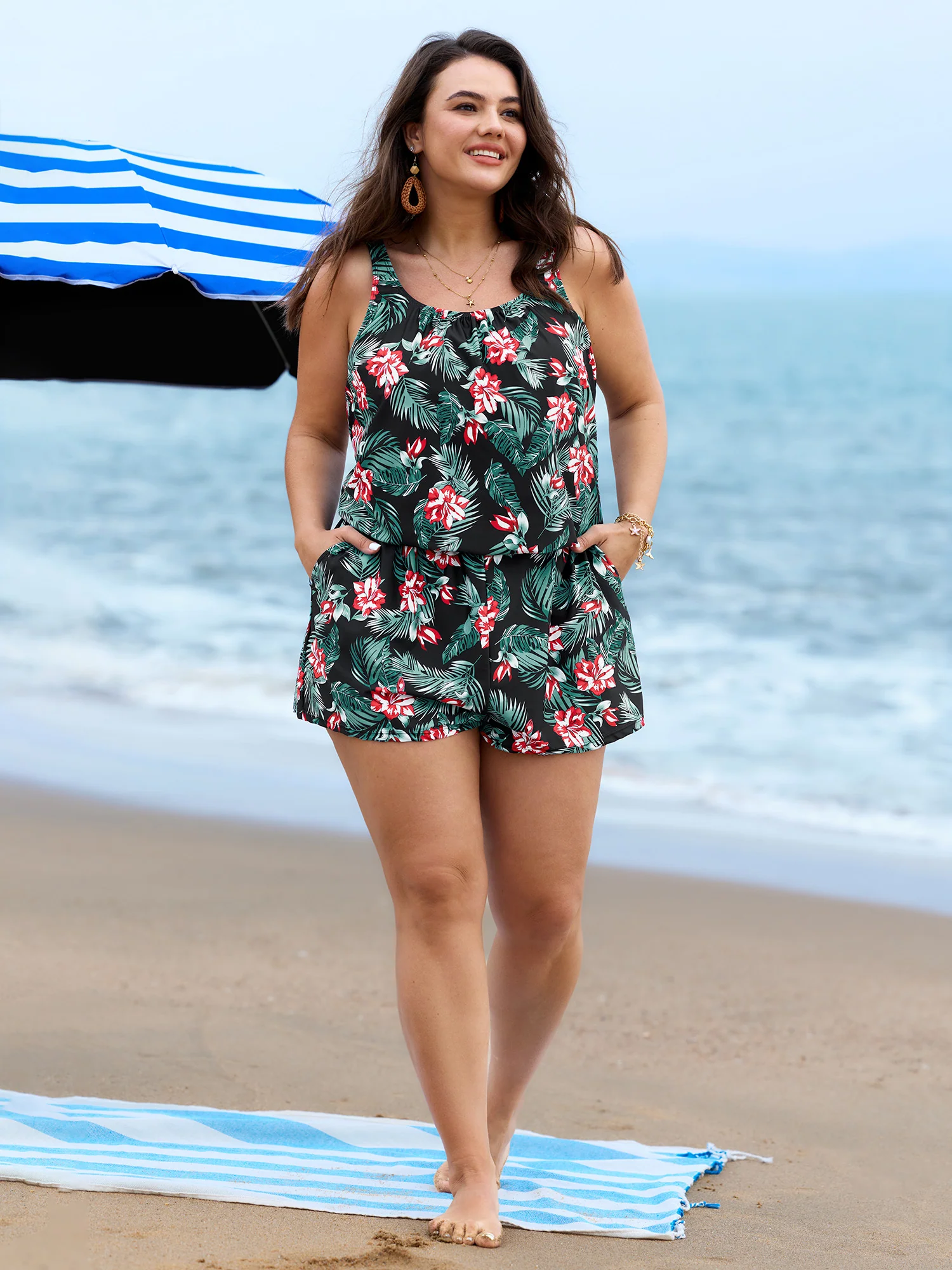 Tropical Flower Print Pockets One-Piece Swimsuit - Image 92