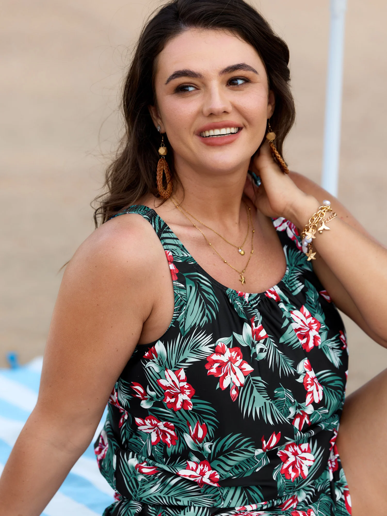 Tropical Flower Print Pockets One-Piece Swimsuit - Image 93