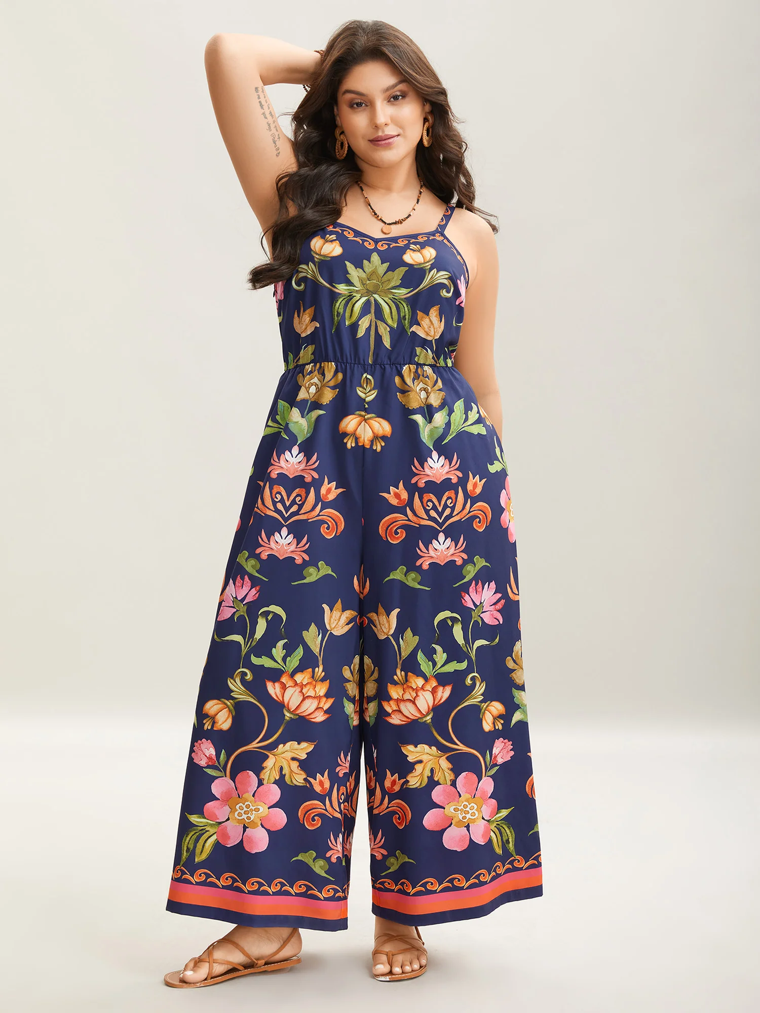 Tropical Flowers Print Pockets Cami Jumpsuit - Image 3