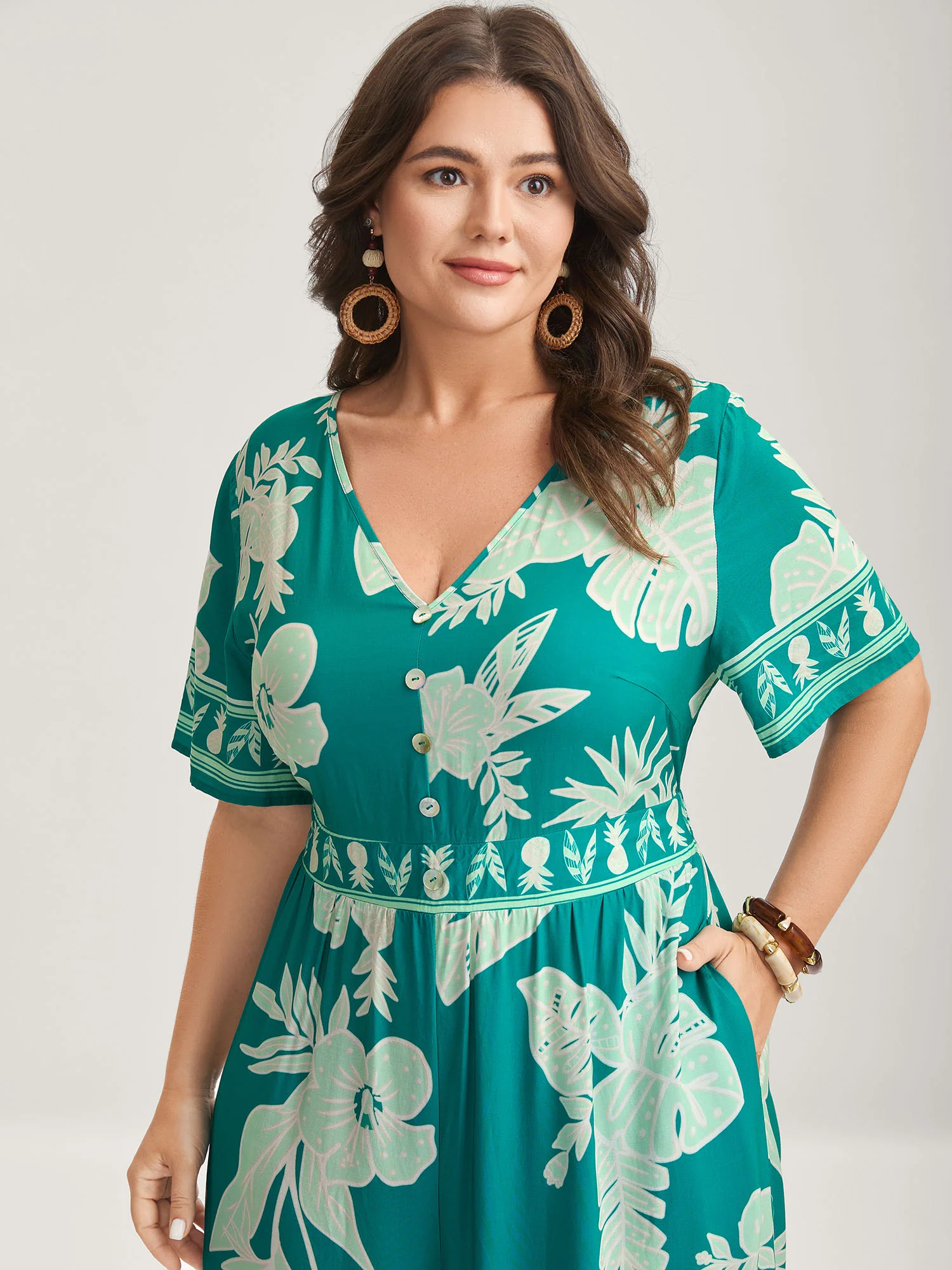 Rayon Tropical Leaf Button Detail Breezy Jumpsuit - Image 2