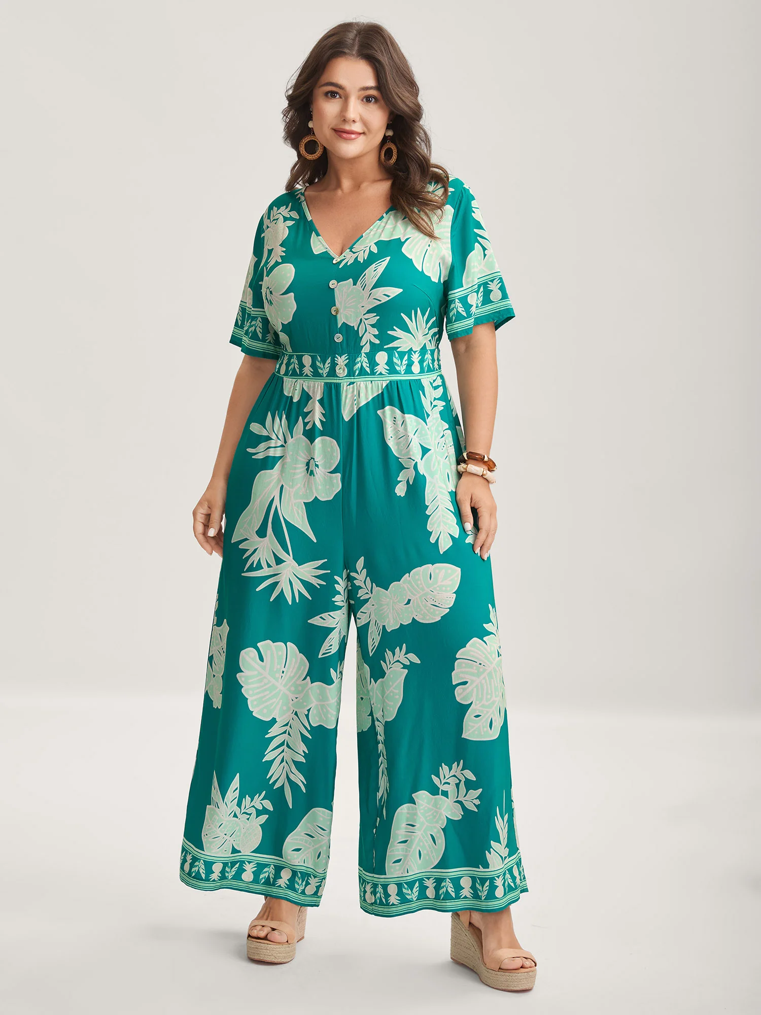 Rayon Tropical Leaf Button Detail Breezy Jumpsuit - Image 3
