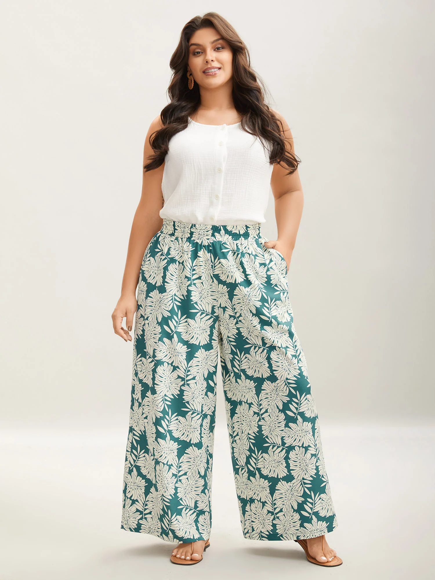 Tropical Leaf Pattern Shirred Wide-Leg Pants - Image 2