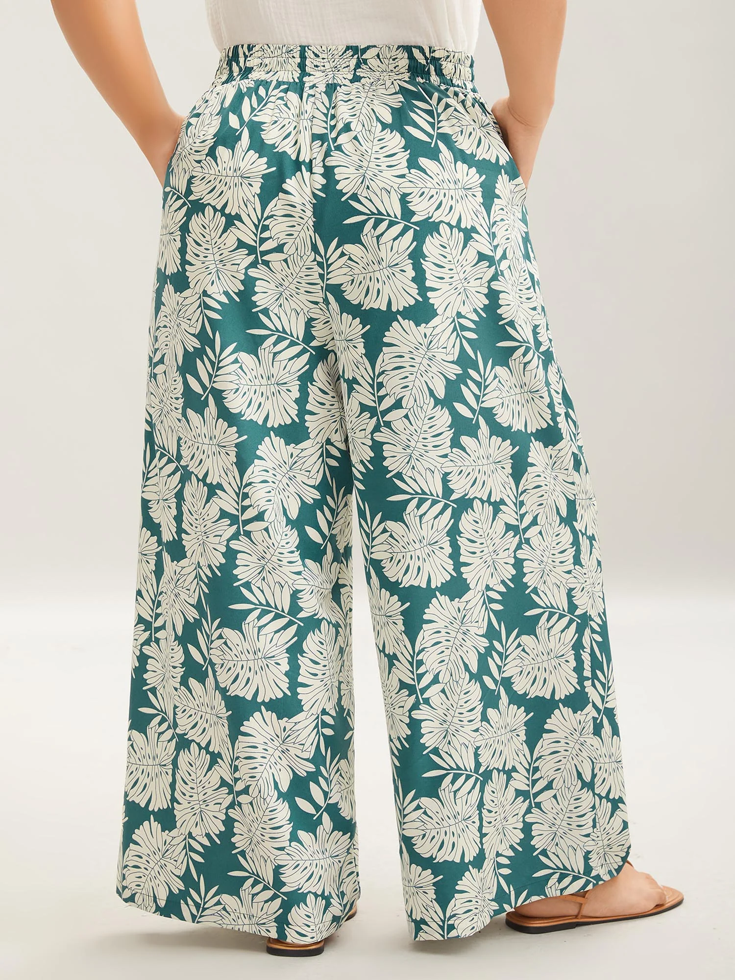 Tropical Leaf Pattern Shirred Wide-Leg Pants - Image 4