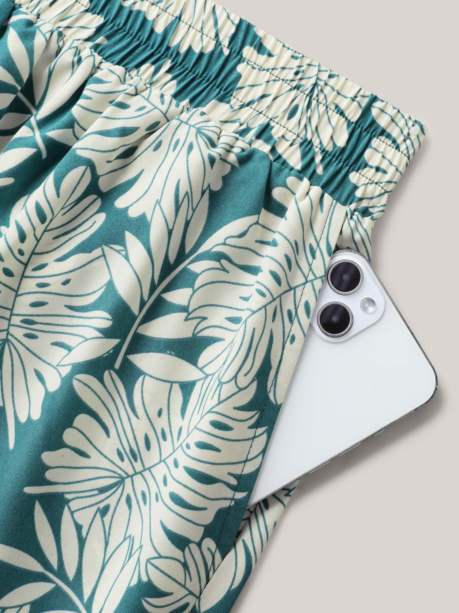 Tropical Leaf Pattern Shirred Wide-Leg Pants - Image 5