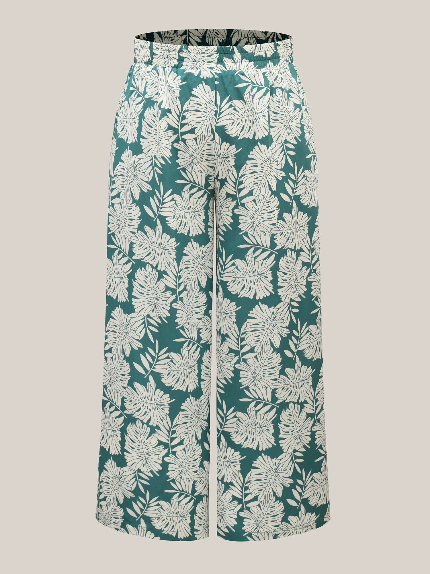 Tropical Leaf Pattern Shirred Wide-Leg Pants - Image 8