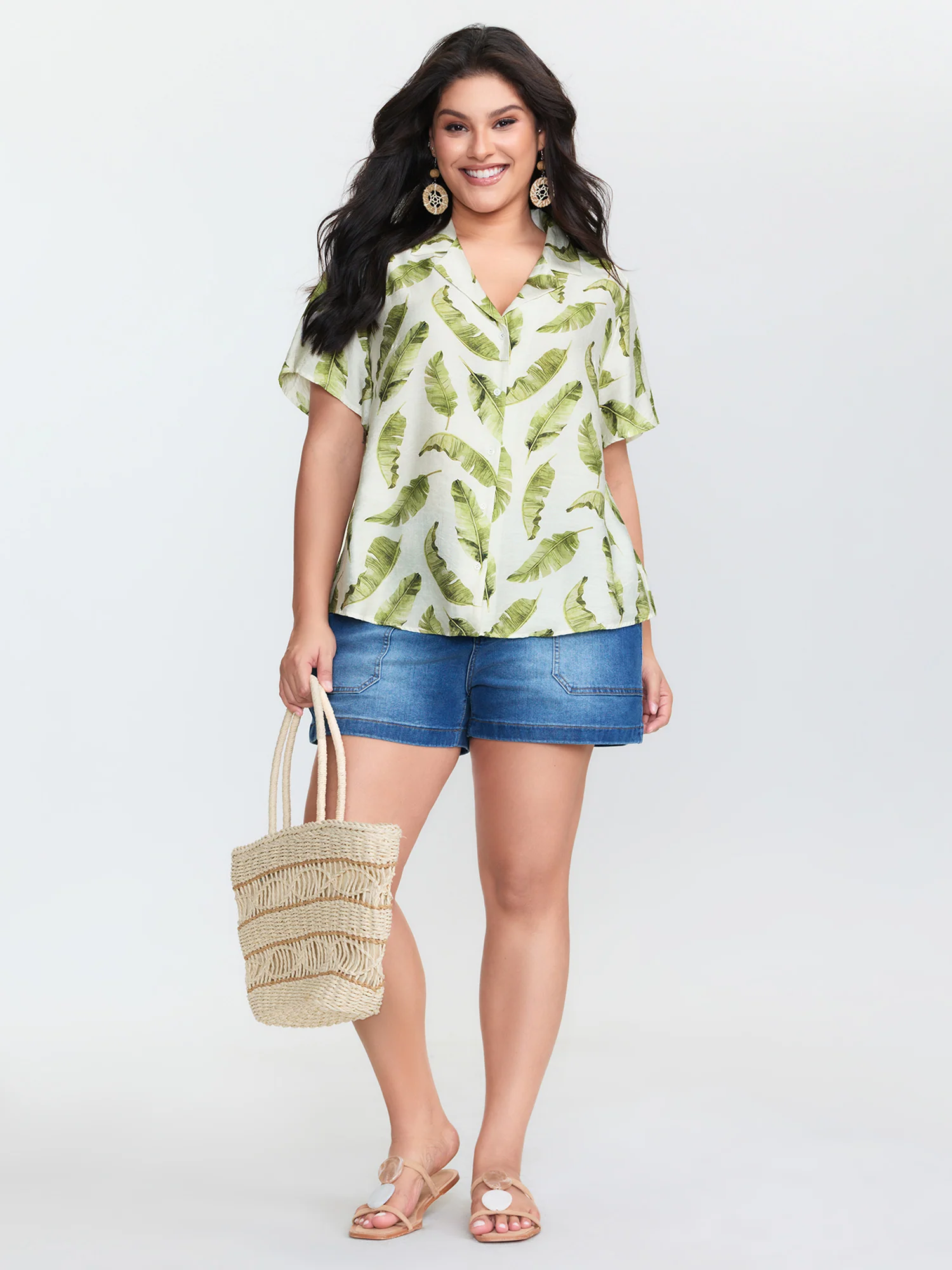 Tropical Leaf Print Button-Down Blouse - Image 2