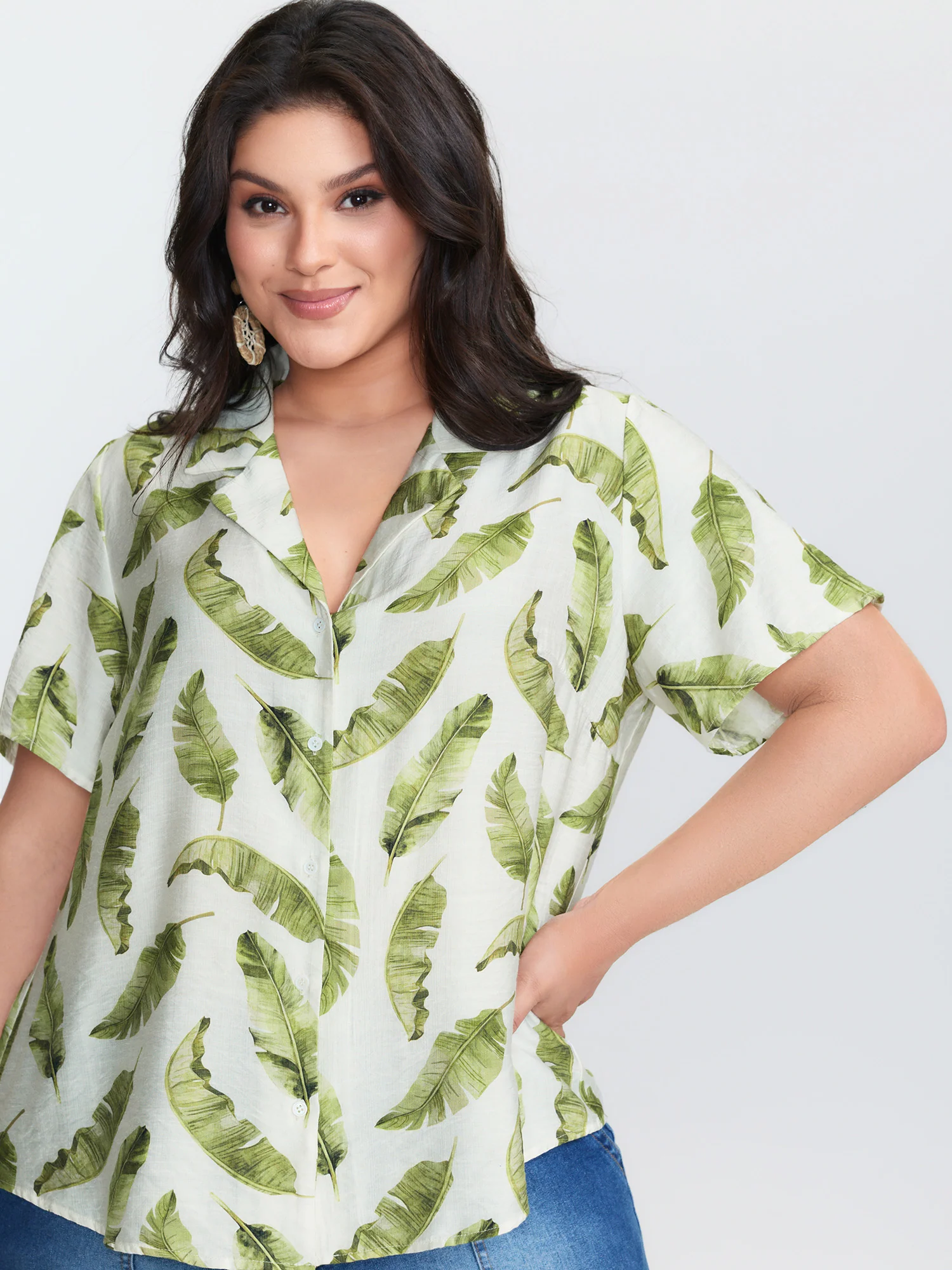 Tropical Leaf Print Button-Down Blouse - Image 3