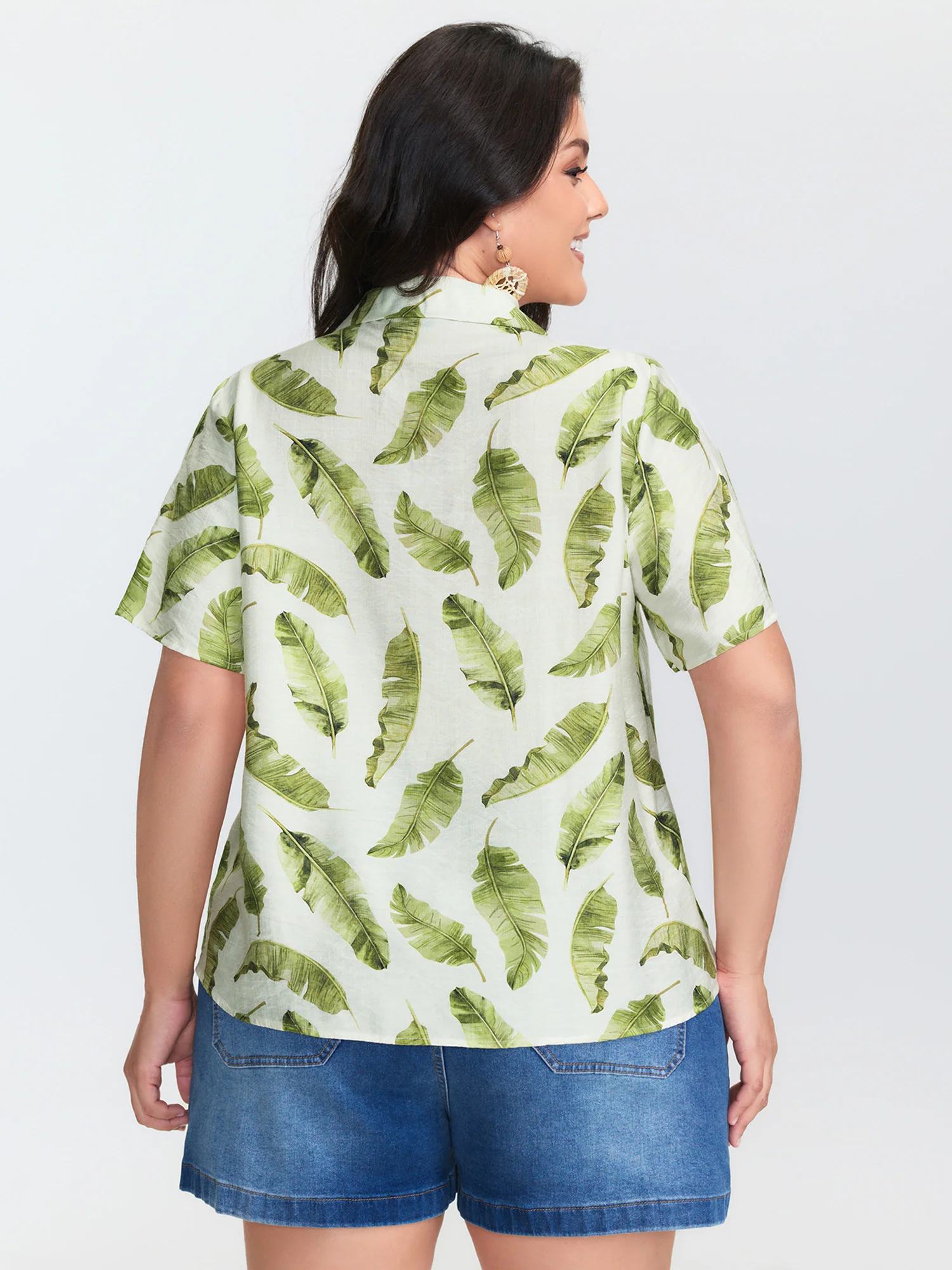 Tropical Leaf Print Button-Down Blouse - Image 4