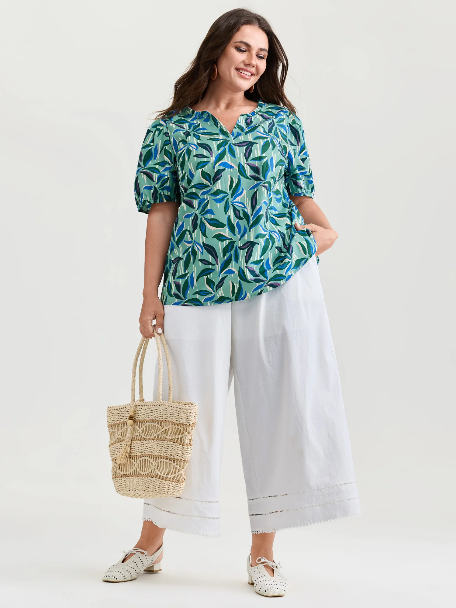 Cotton Tropical Leaf Print Irregular Sleeve Blouse - Image 2