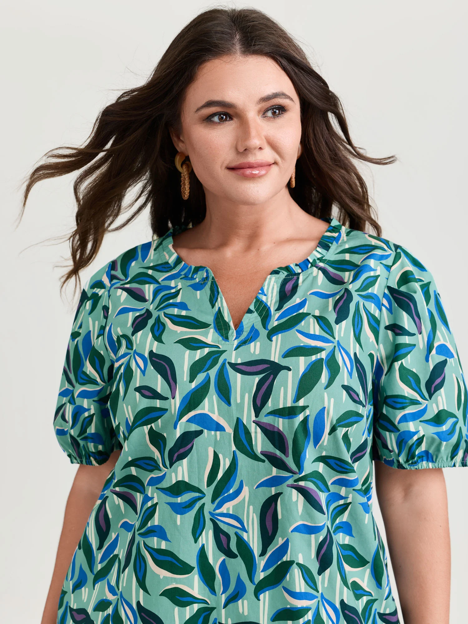 Cotton Tropical Leaf Print Irregular Sleeve Blouse - Image 3