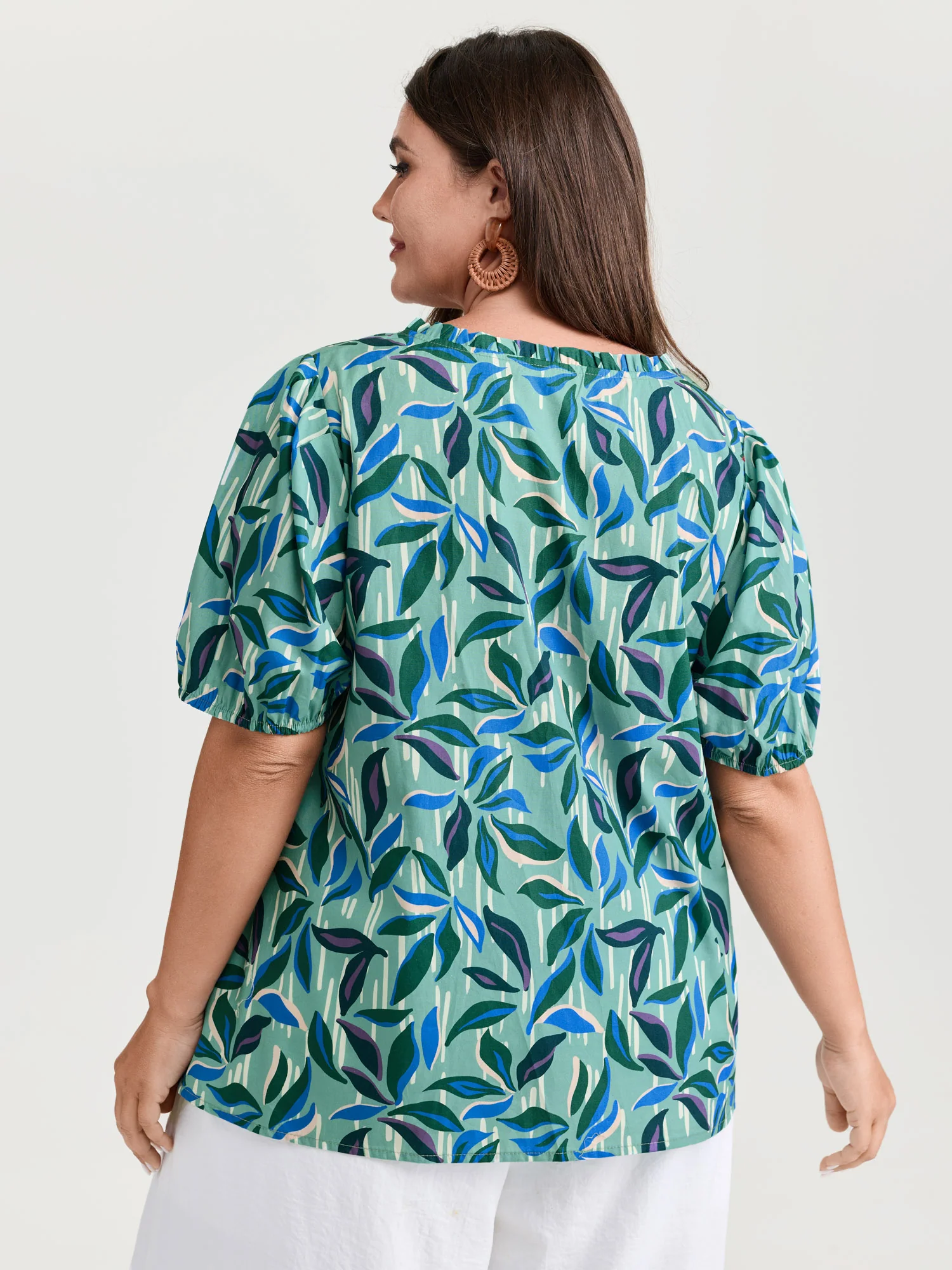 Cotton Tropical Leaf Print Irregular Sleeve Blouse - Image 4