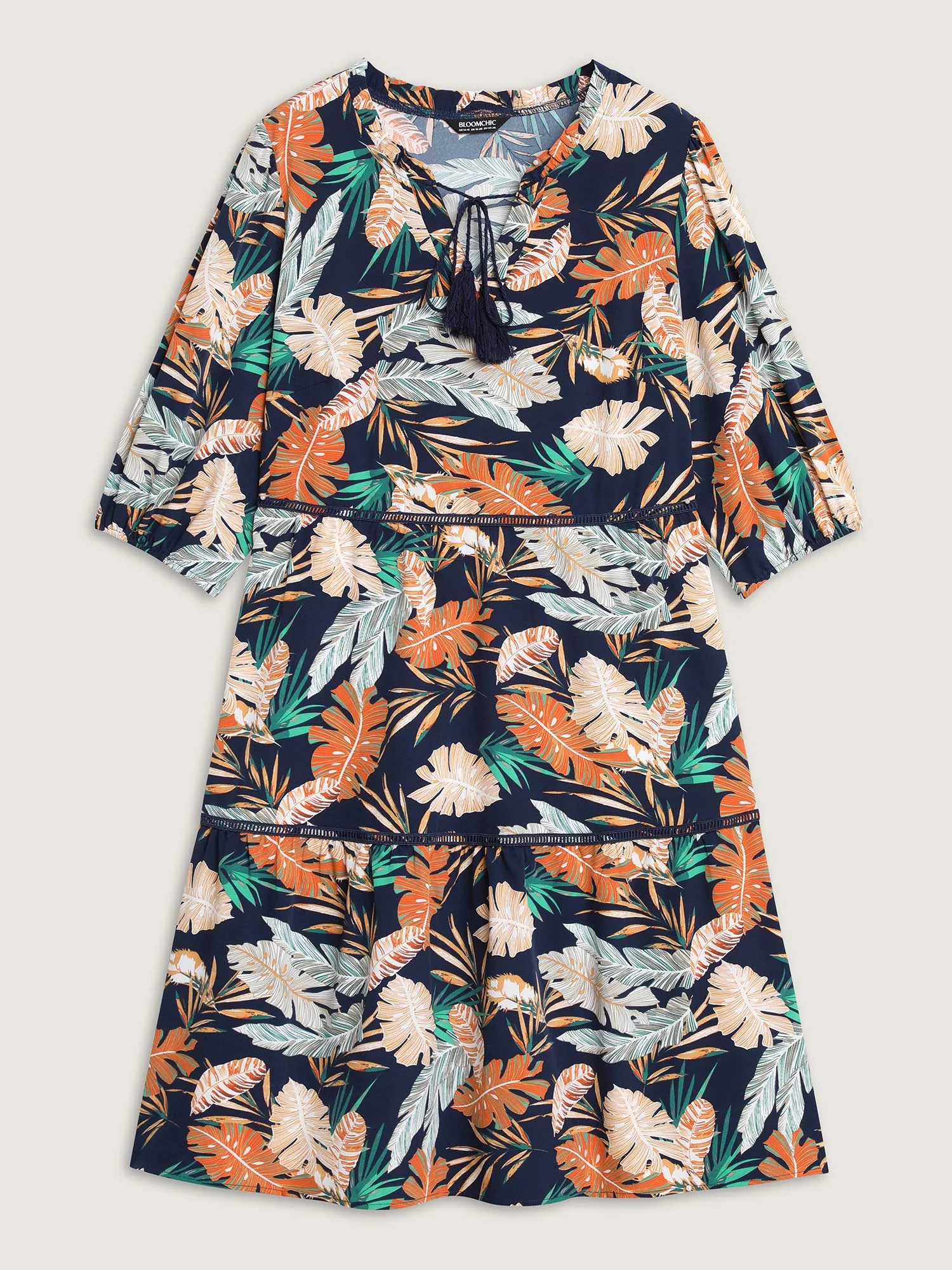 Tropical Leaf Print Lace Stretchy Midi Dress - Image 7