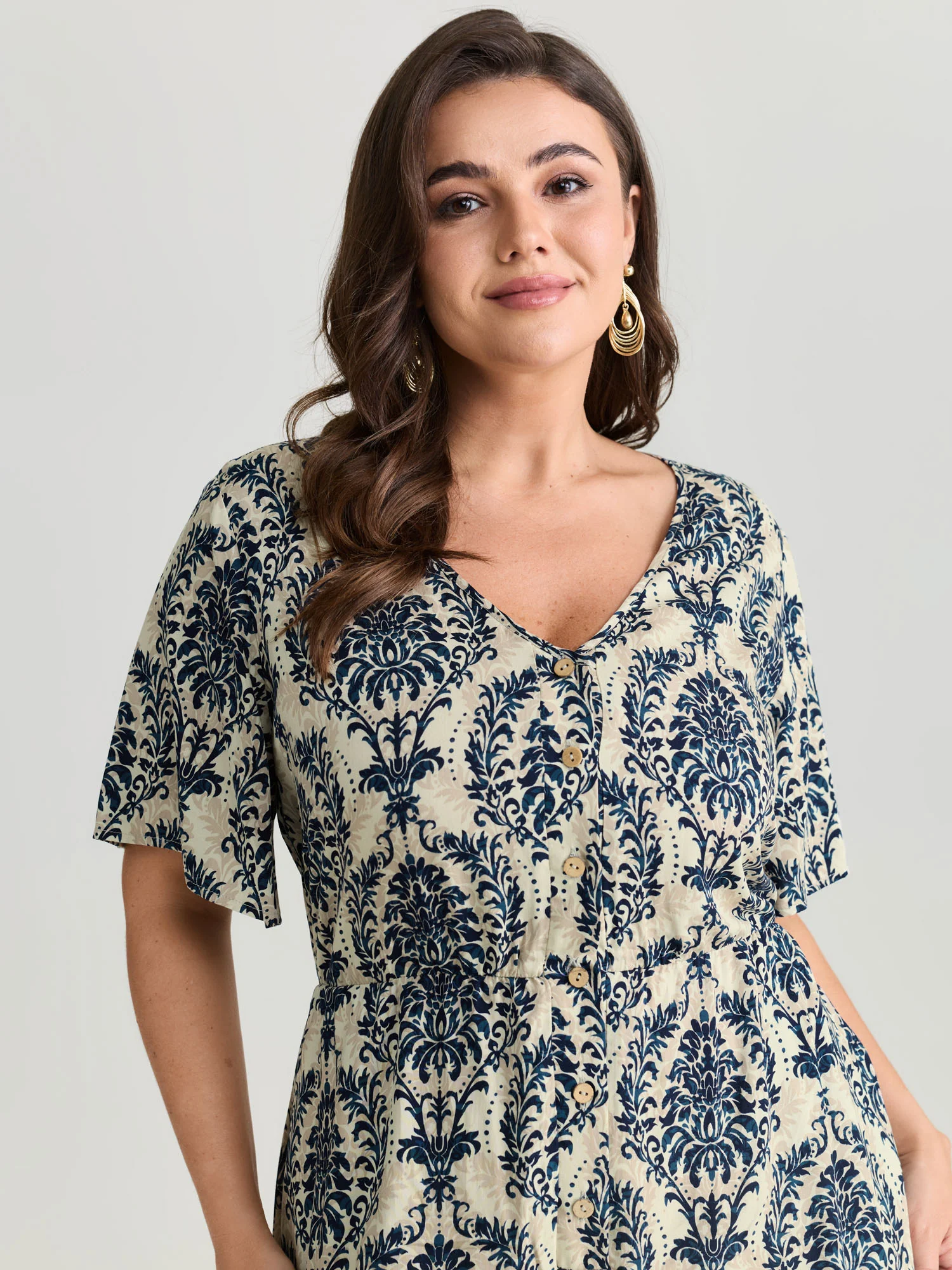 Tropical Leaf Print Pockets Button Romper - Image 10