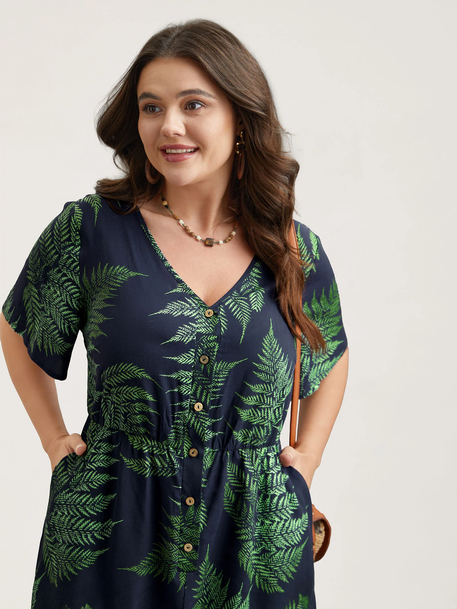 Tropical Leaf Print Pockets Button Romper - Image 3