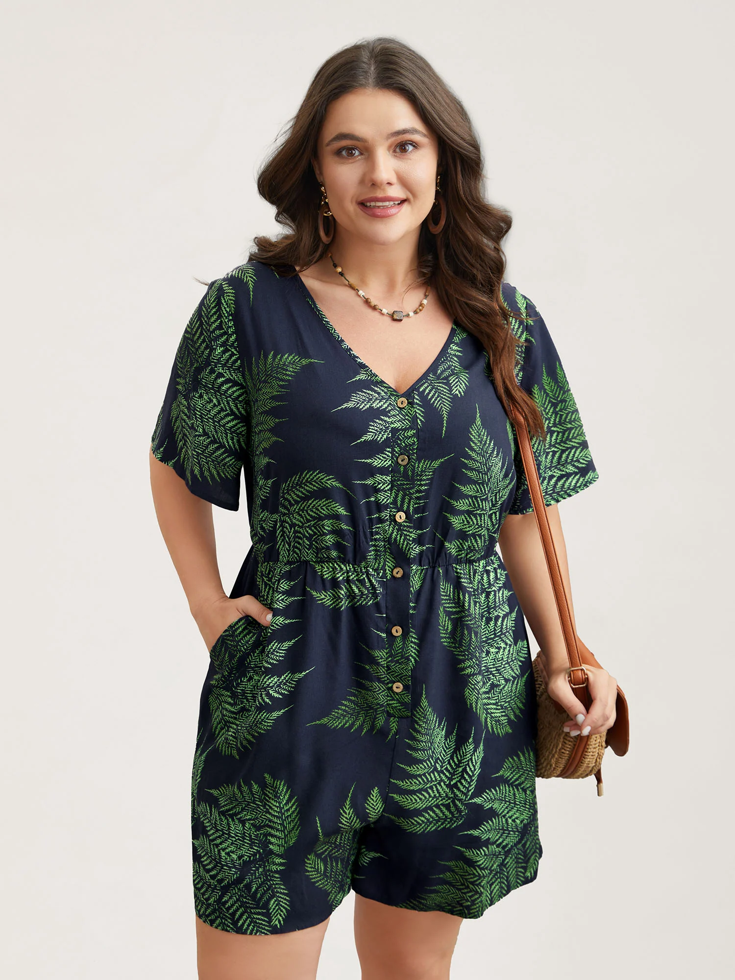Tropical Leaf Print Pockets Button Romper - Image 4