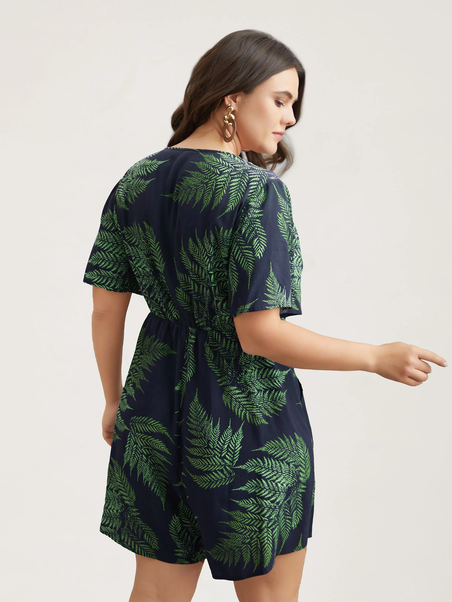 Tropical Leaf Print Pockets Button Romper - Image 5