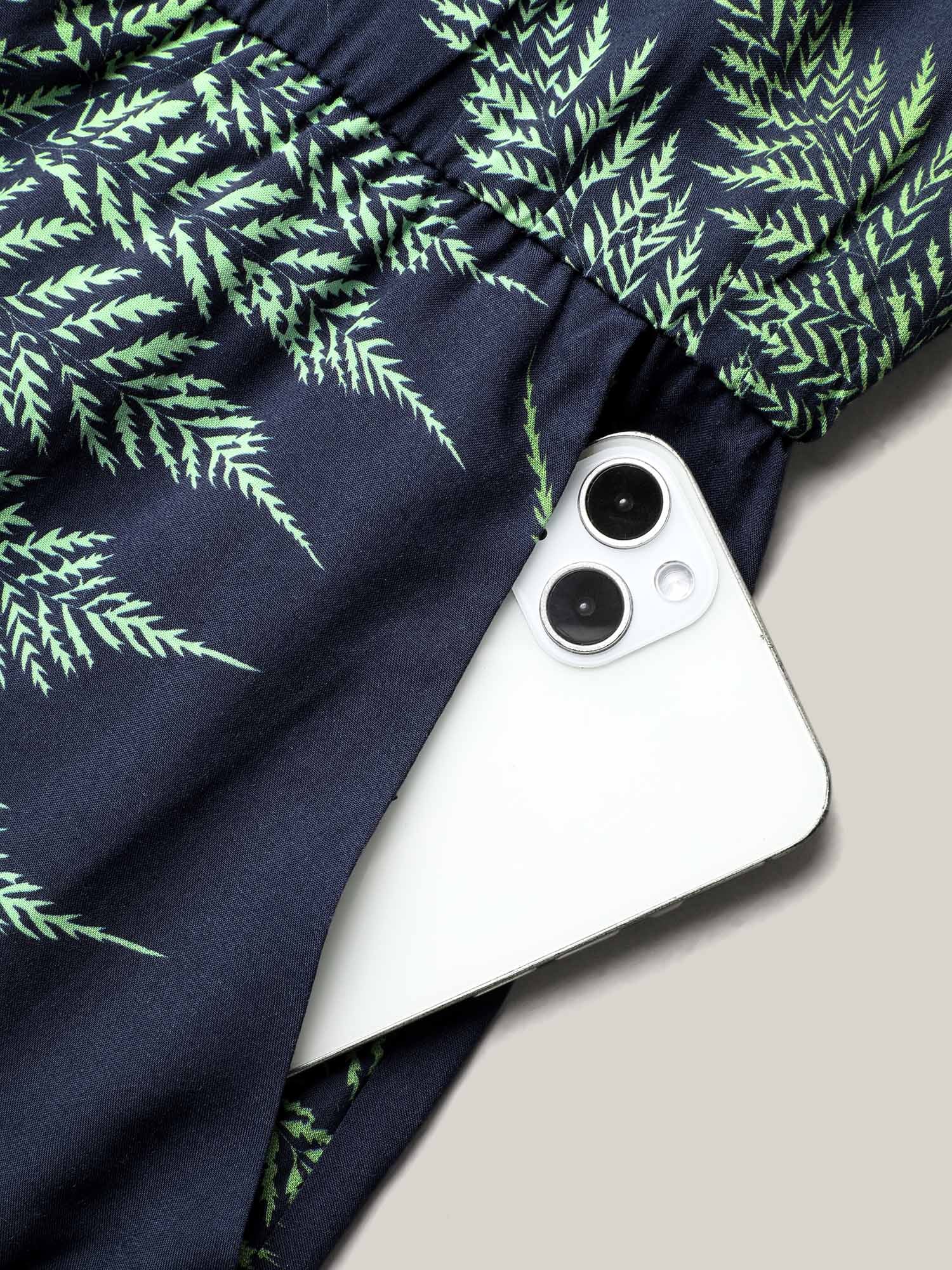 Tropical Leaf Print Pockets Button Romper - Image 7
