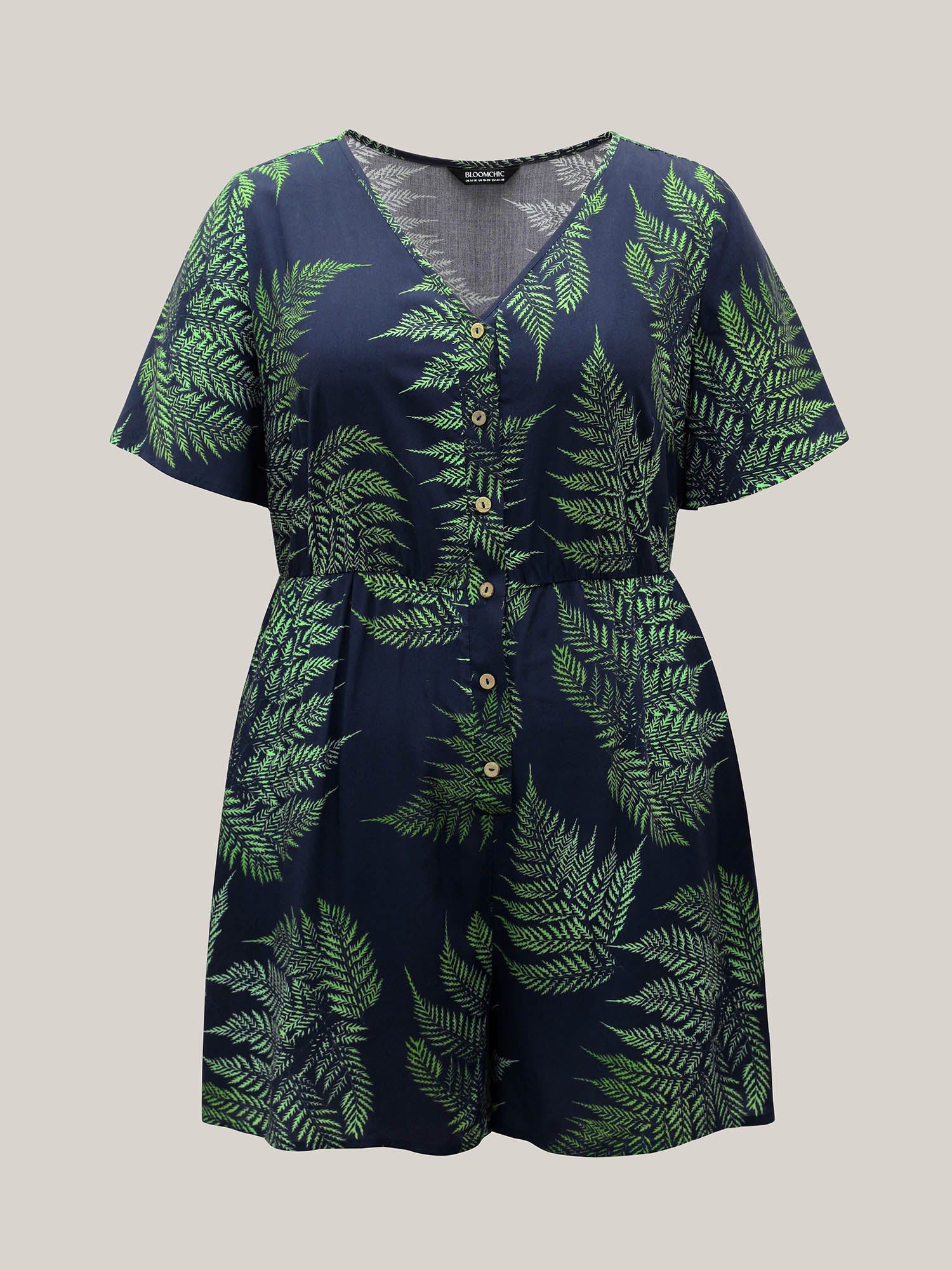 Tropical Leaf Print Pockets Button Romper - Image 8