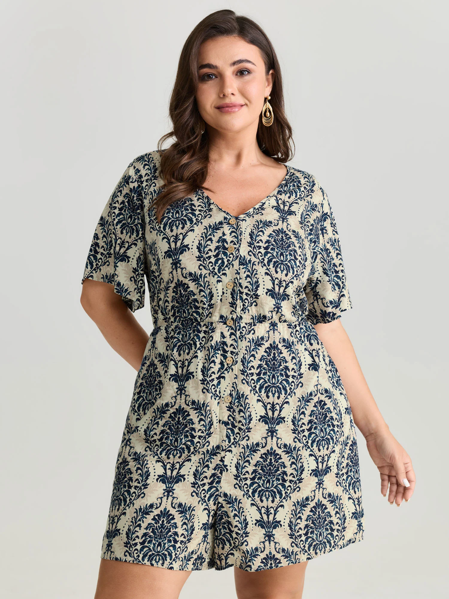 Tropical Leaf Print Pockets Button Romper - Image 9