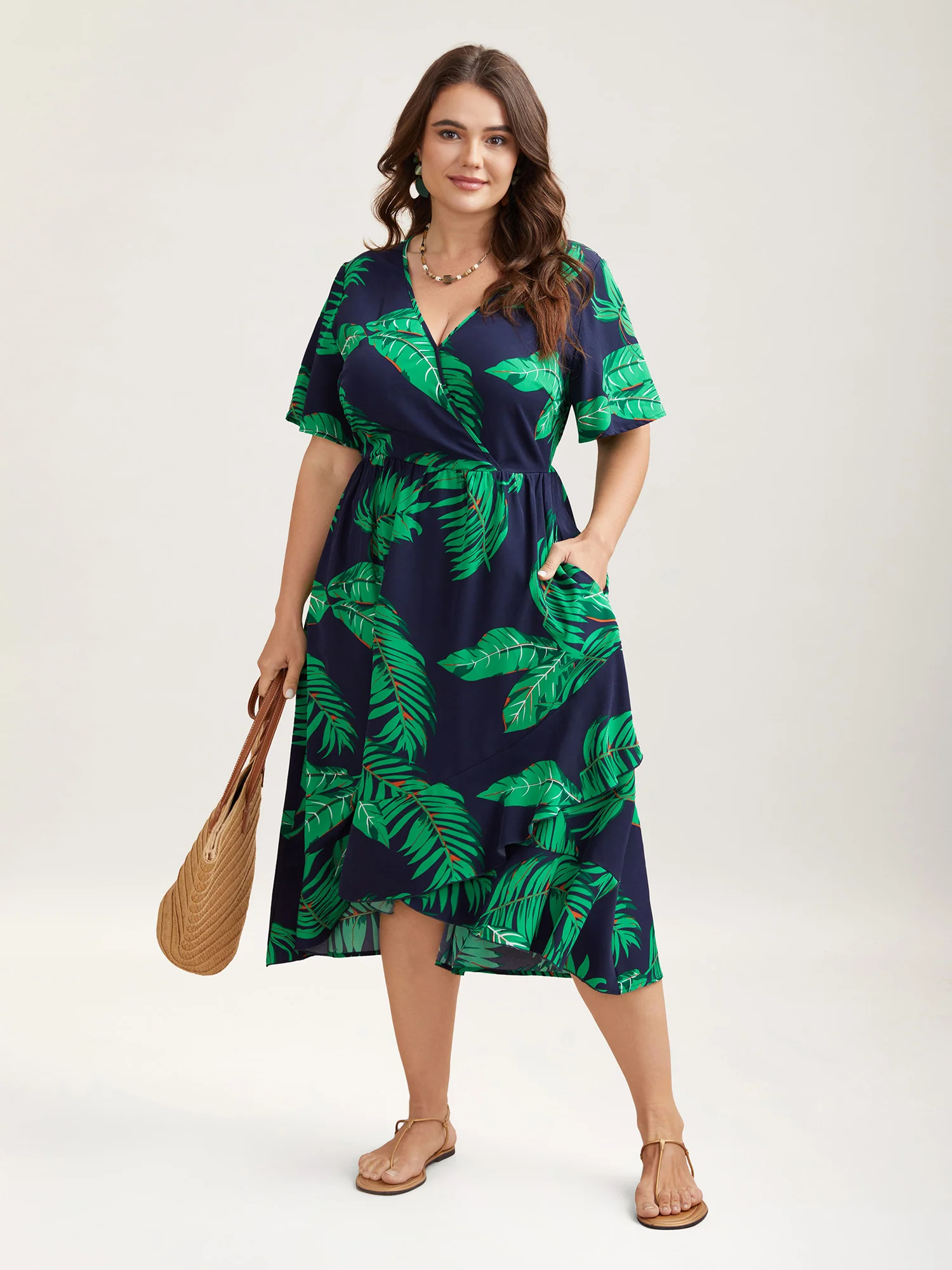 Tropical Leaf Print Surplice Neck Midi Dress - Image 2
