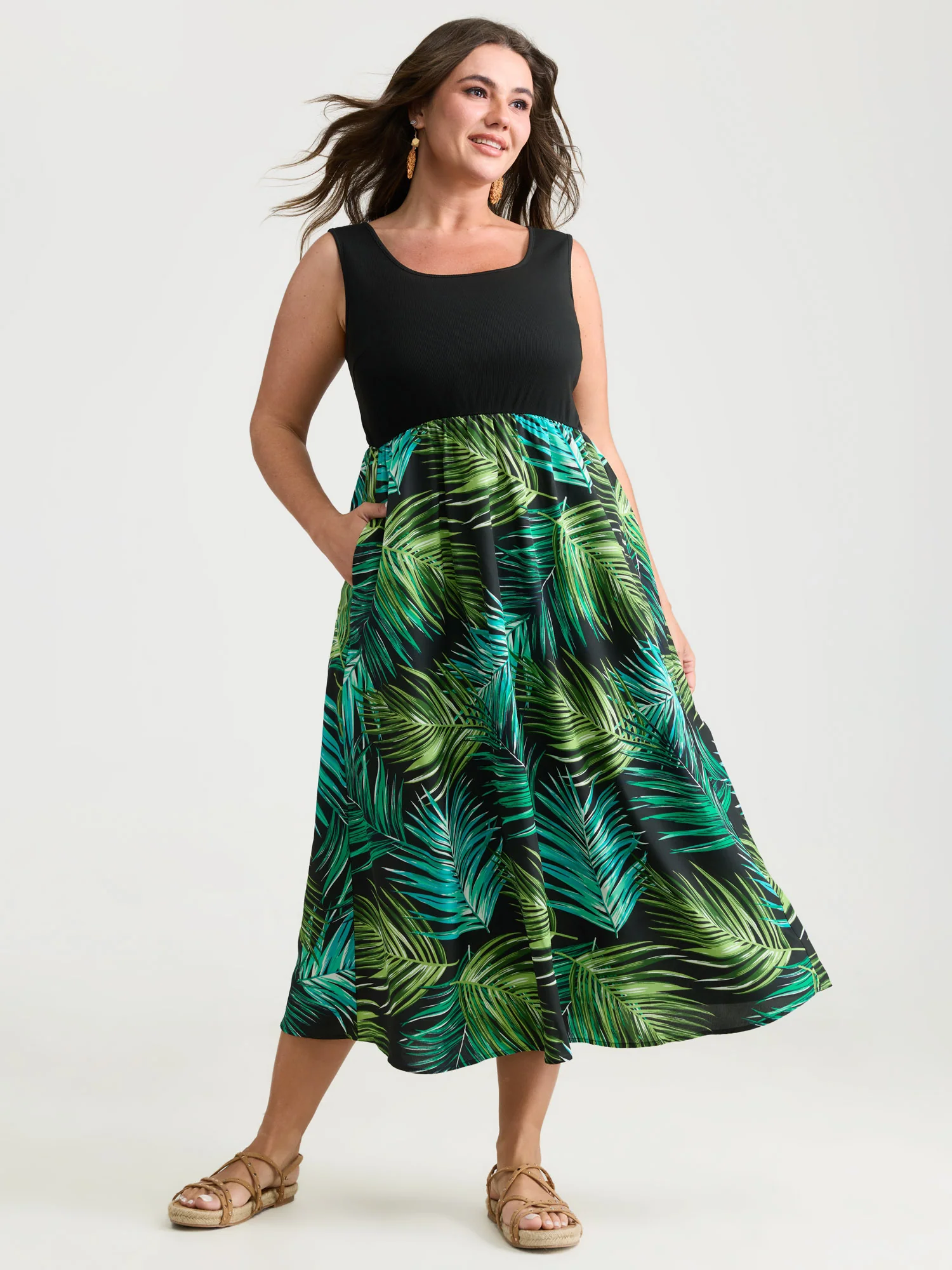 Tropical Palm Print A-Line Midi Dress - Image 3