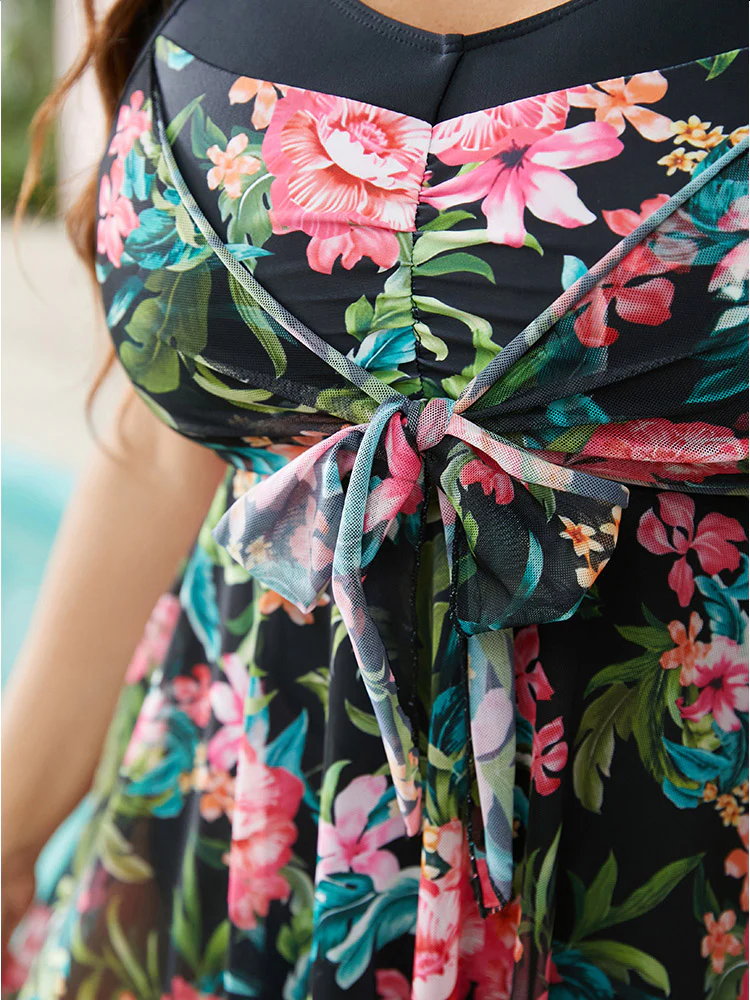 Tropical Patchwork Flutter Hem Knot Front Swim Dress - Image 8