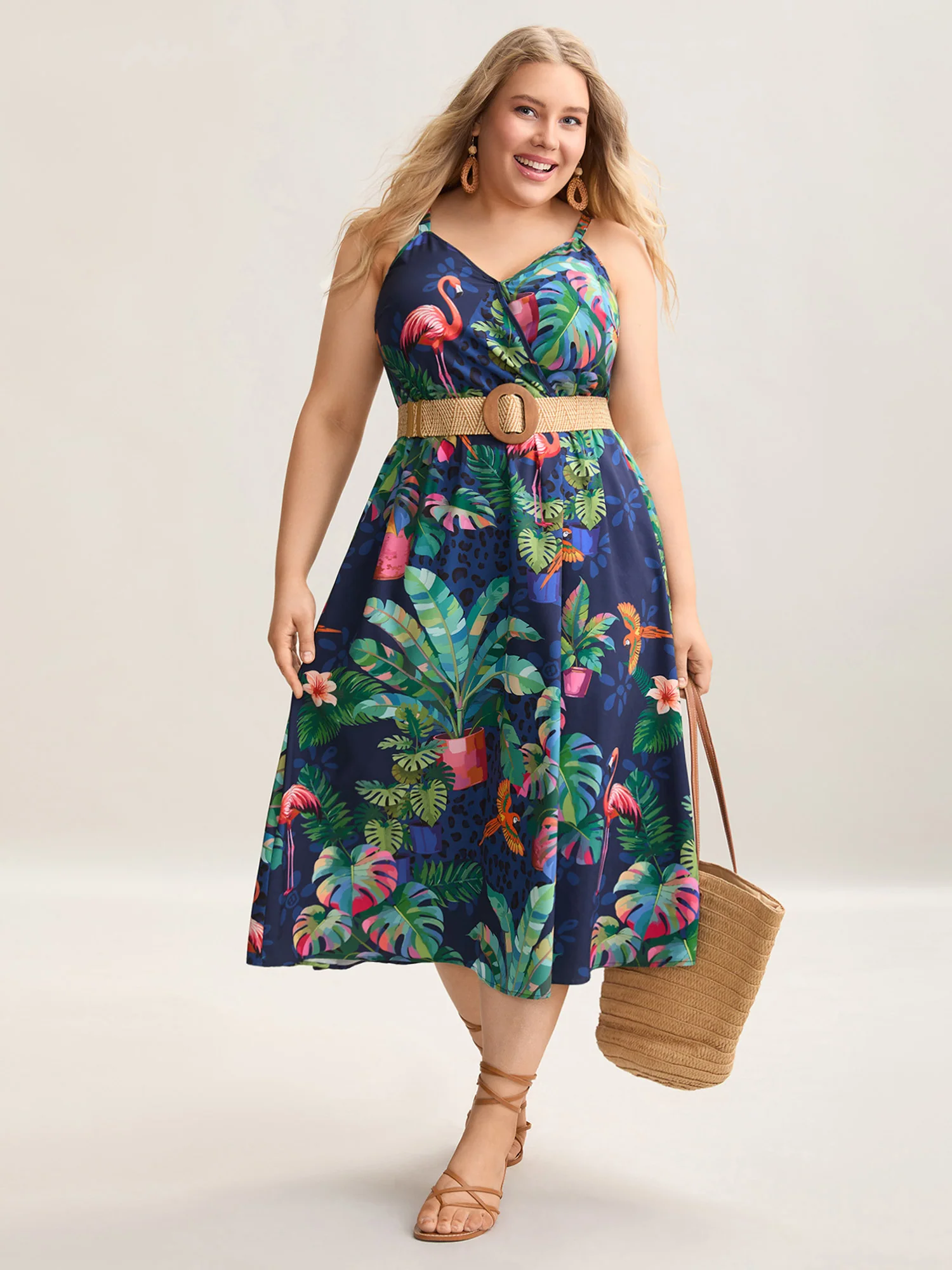 Tropical Pattern Surplice Pockets Midi Dress - Image 3