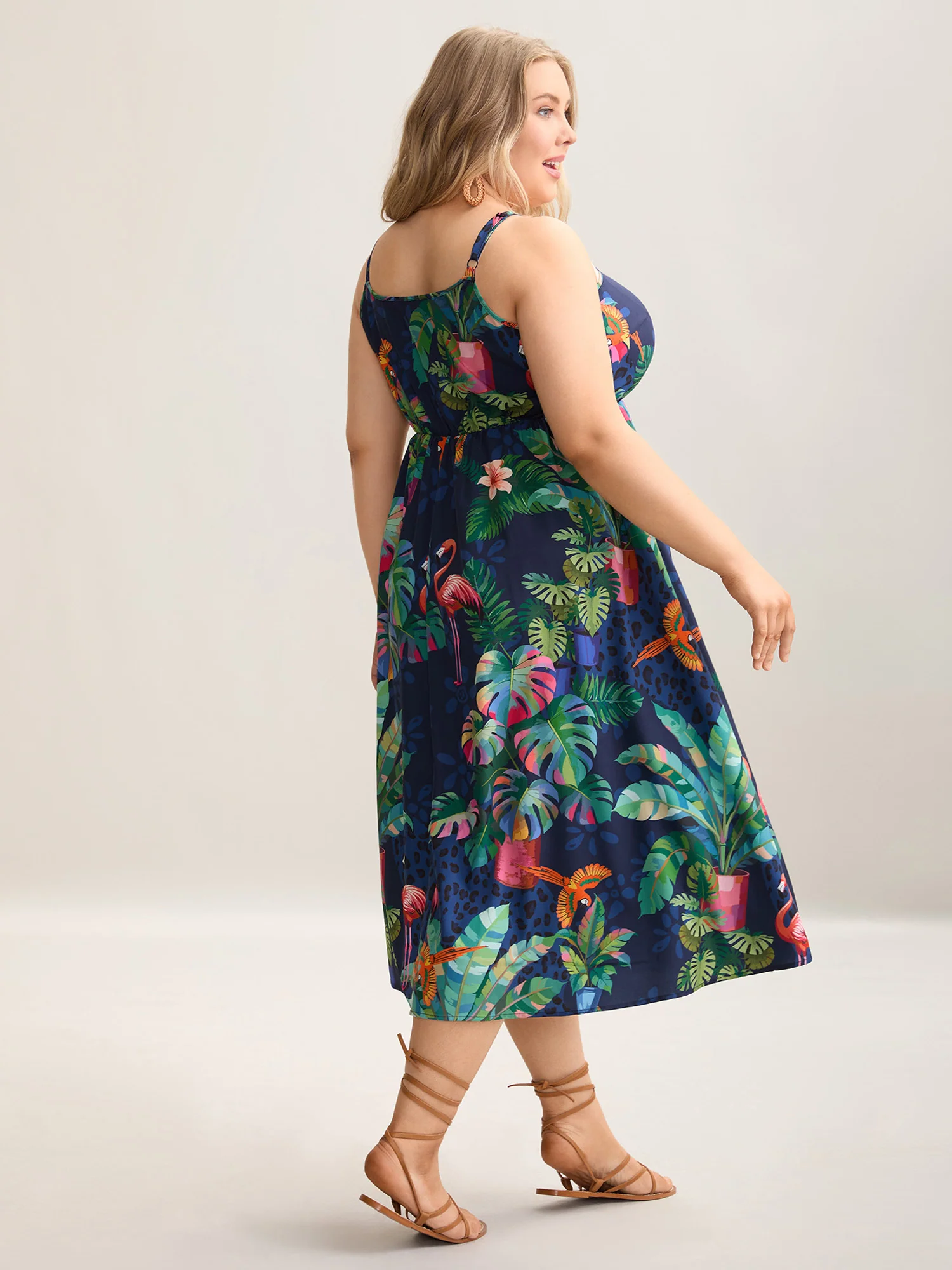 Tropical Pattern Surplice Pockets Midi Dress - Image 4