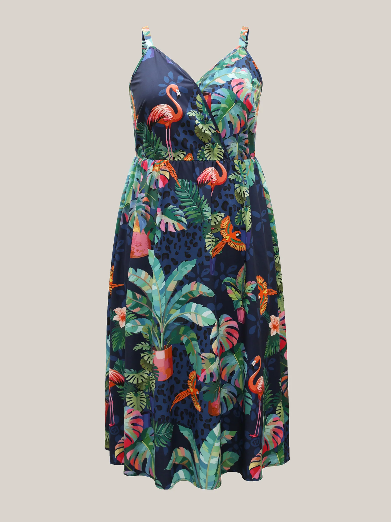 Tropical Pattern Surplice Pockets Midi Dress - Image 6