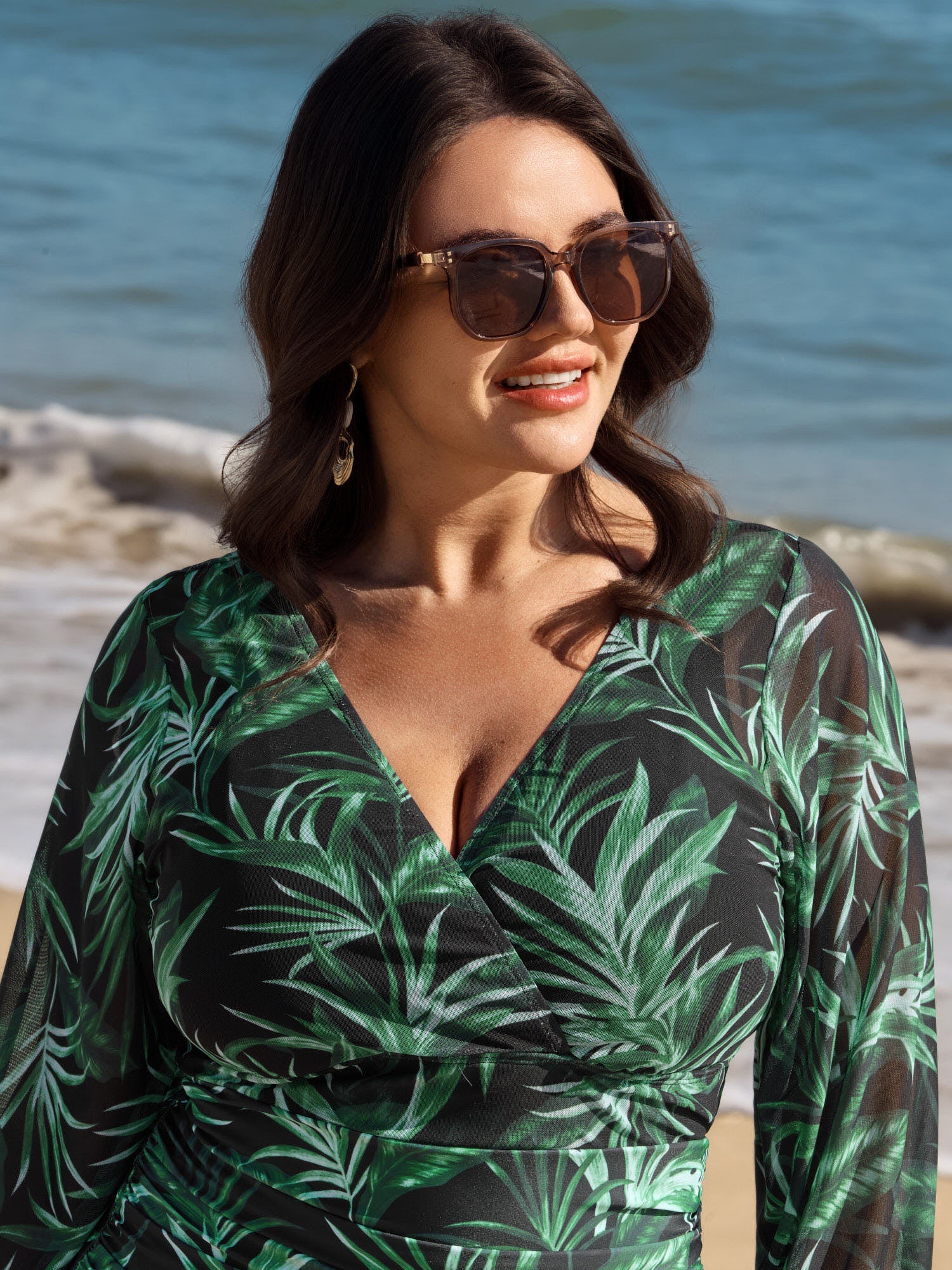 Tropical Plant Print One-Piece Swimsuit Set - Image 3