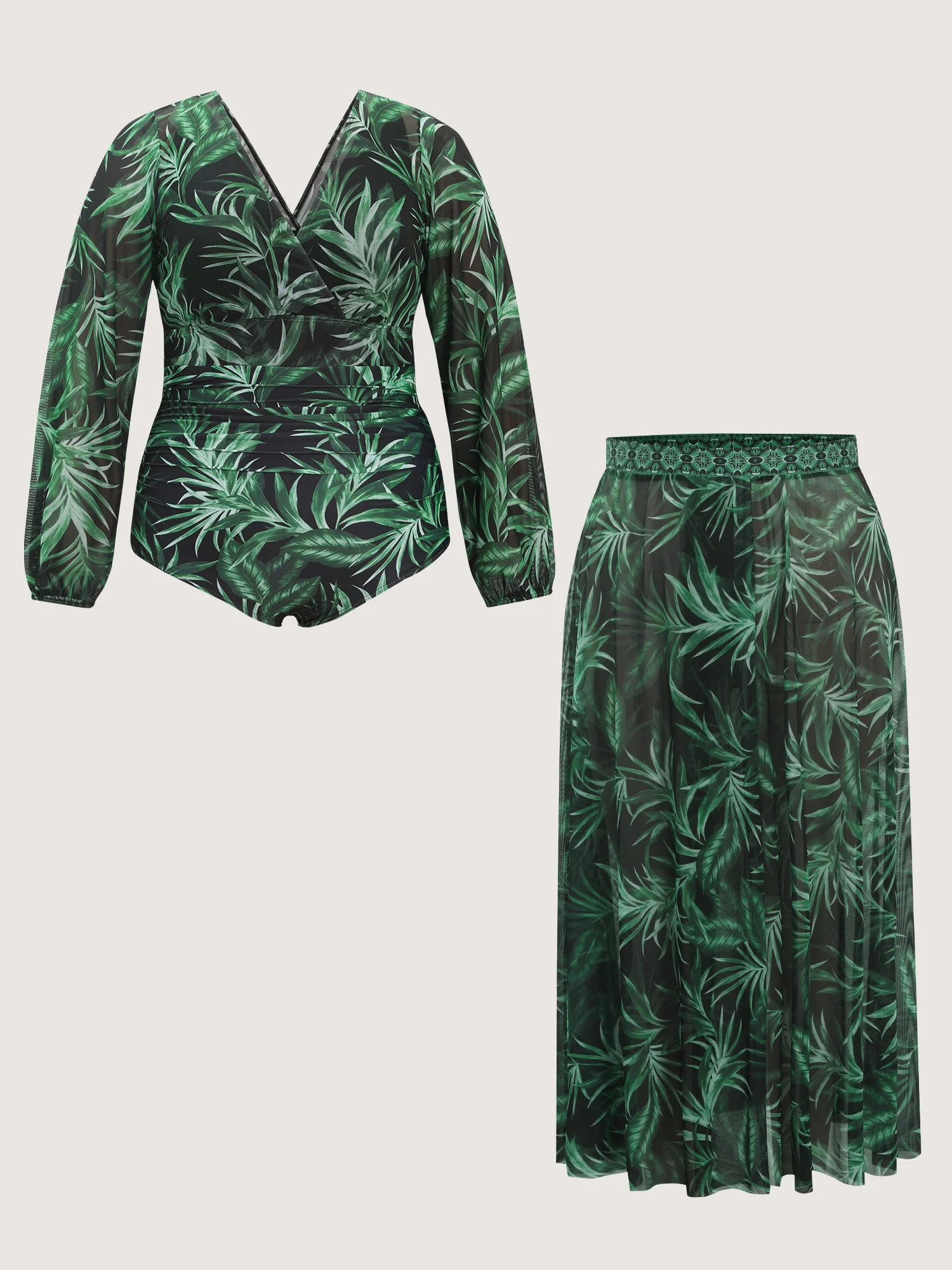 Tropical Plant Print One-Piece Swimsuit Set - Image 6