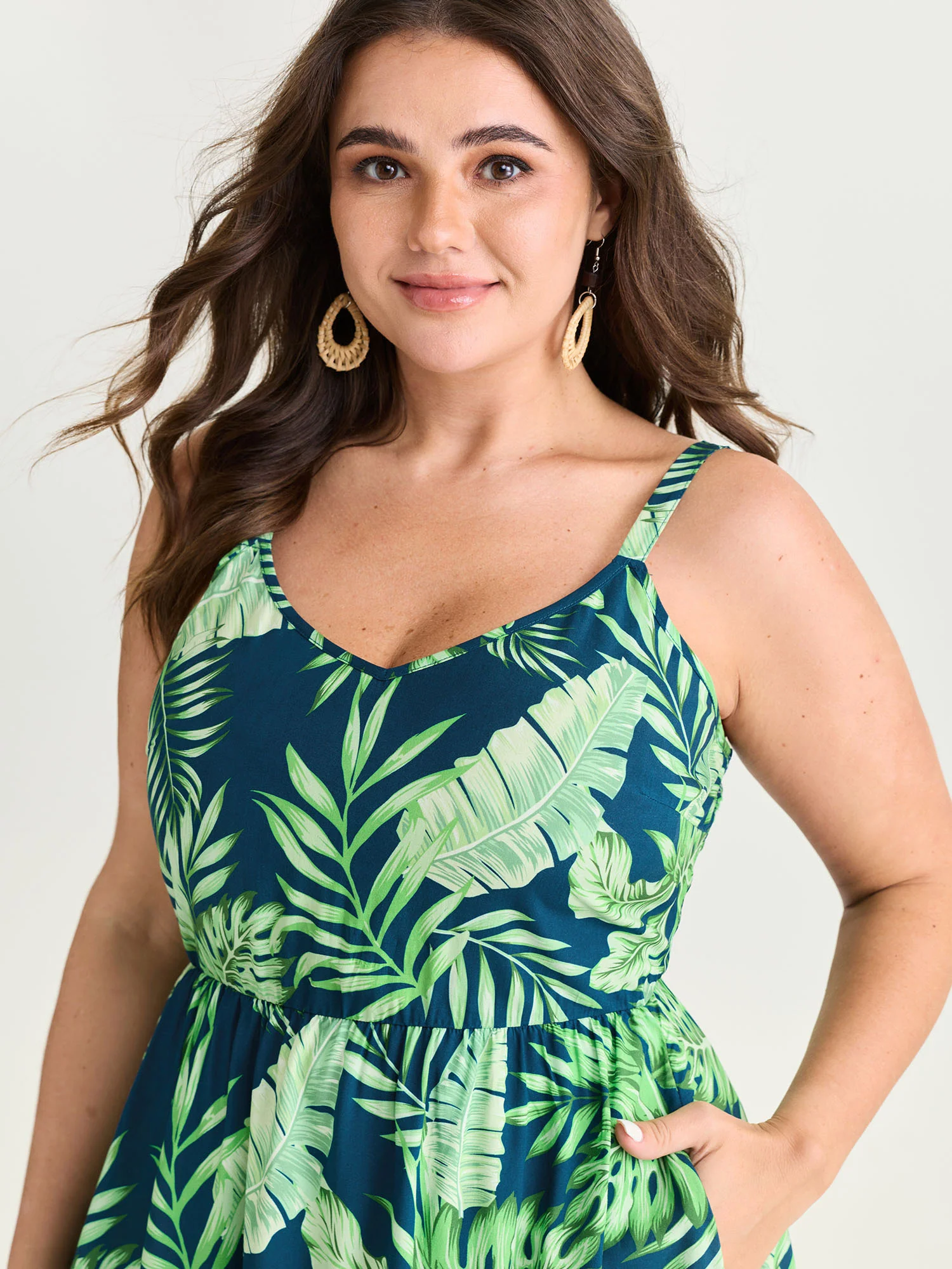 Tropical Plant Print V-Neck Midi Dress - Image 2