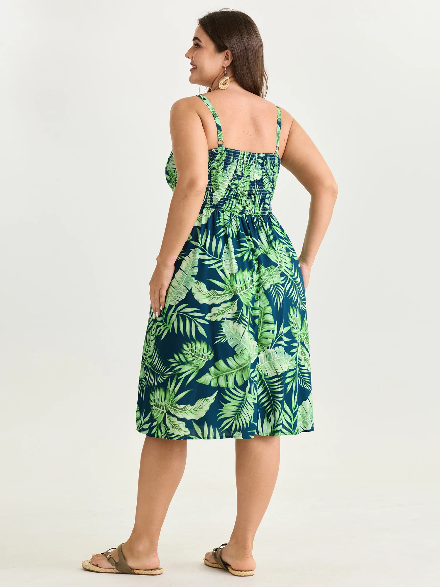 Tropical Plant Print V-Neck Midi Dress - Image 4