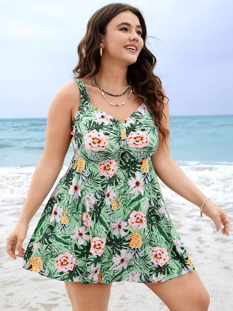 Tropical Print A Line Flutter Ruched Front Swim Dress